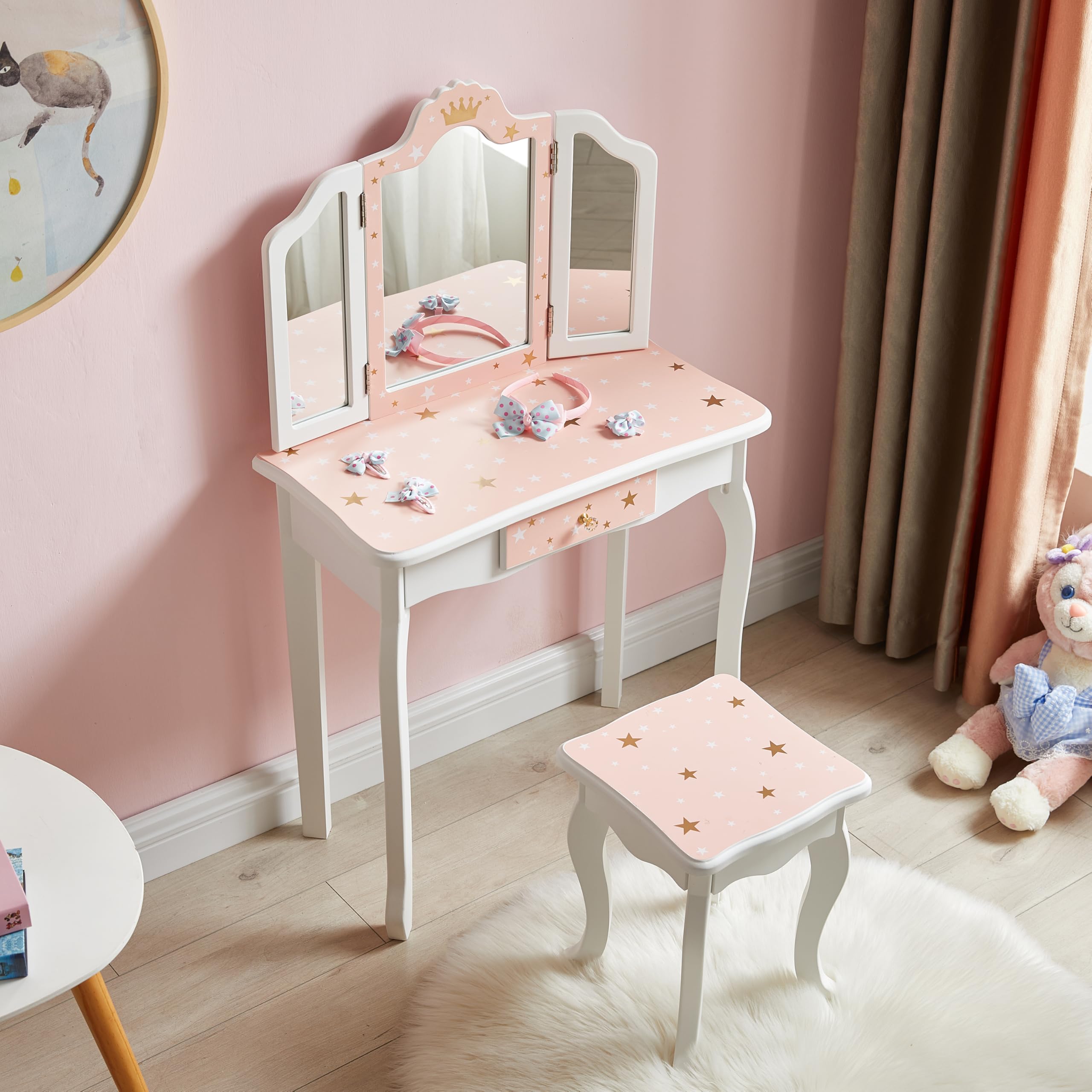 Kids Vanity Table and Chair Set - Girls Princess Makeup Dressing Table with Tri-Folding Mirror, Stool & Drawer | Perfect for Birthday Gifts, Bedroom Decor & Pretend Play (Ages 3-8)