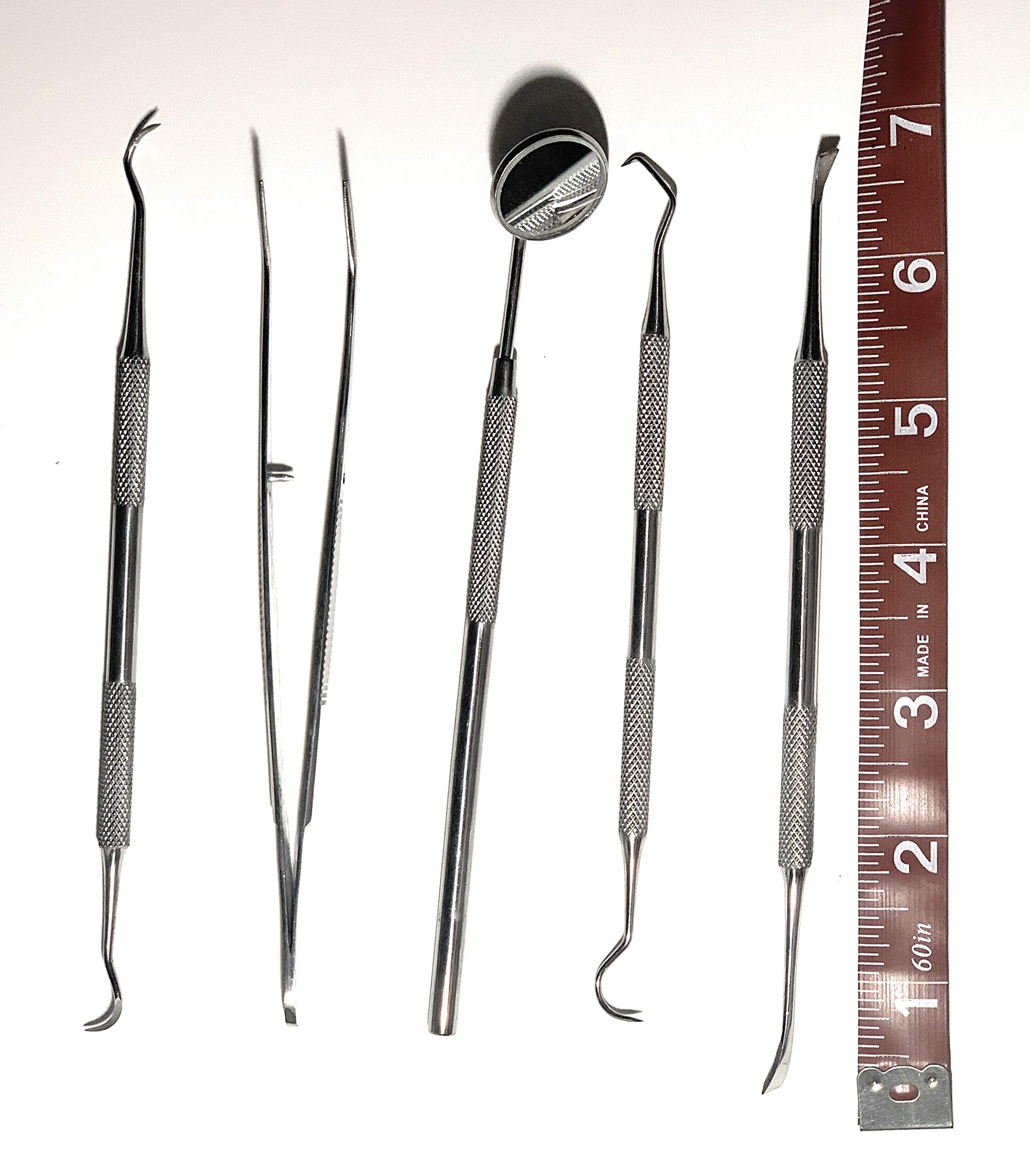 5 Piece Stainless Steel Dental Tools Kit - Professional Anti-Fog Mirror, Scaler, Tartar Remover, Pick & Tweezers for Teeth Cleaning, Plaque Removal & Gum Care | Perfect for Dentists, Hygienists & Home Oral Care