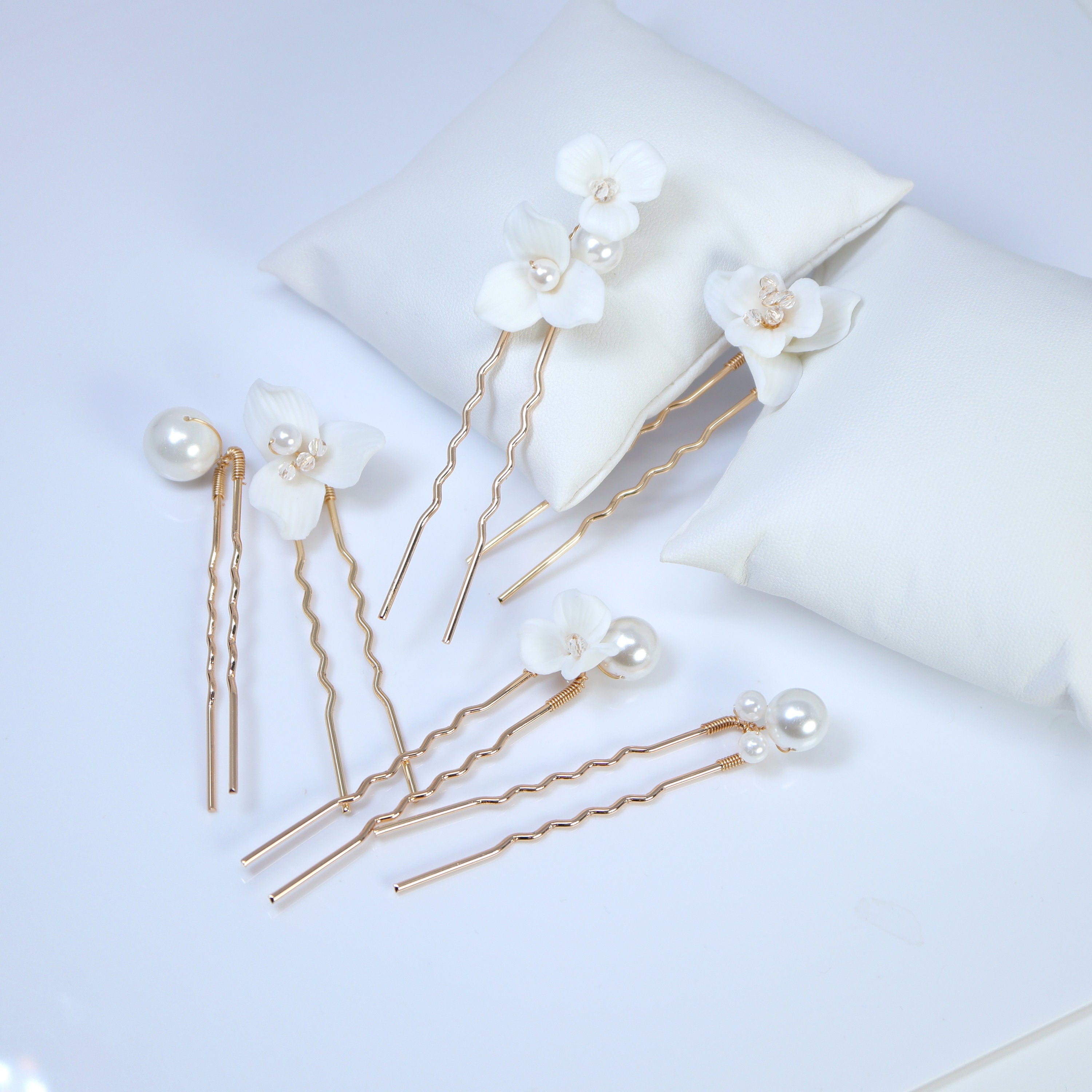 Elegant White Porcelain Floral Hair Pins Set of 6 with Pearl Accents - 3-Piece Ceramic Bridal Hair Accessories for Weddings, Prom & Special Occasions