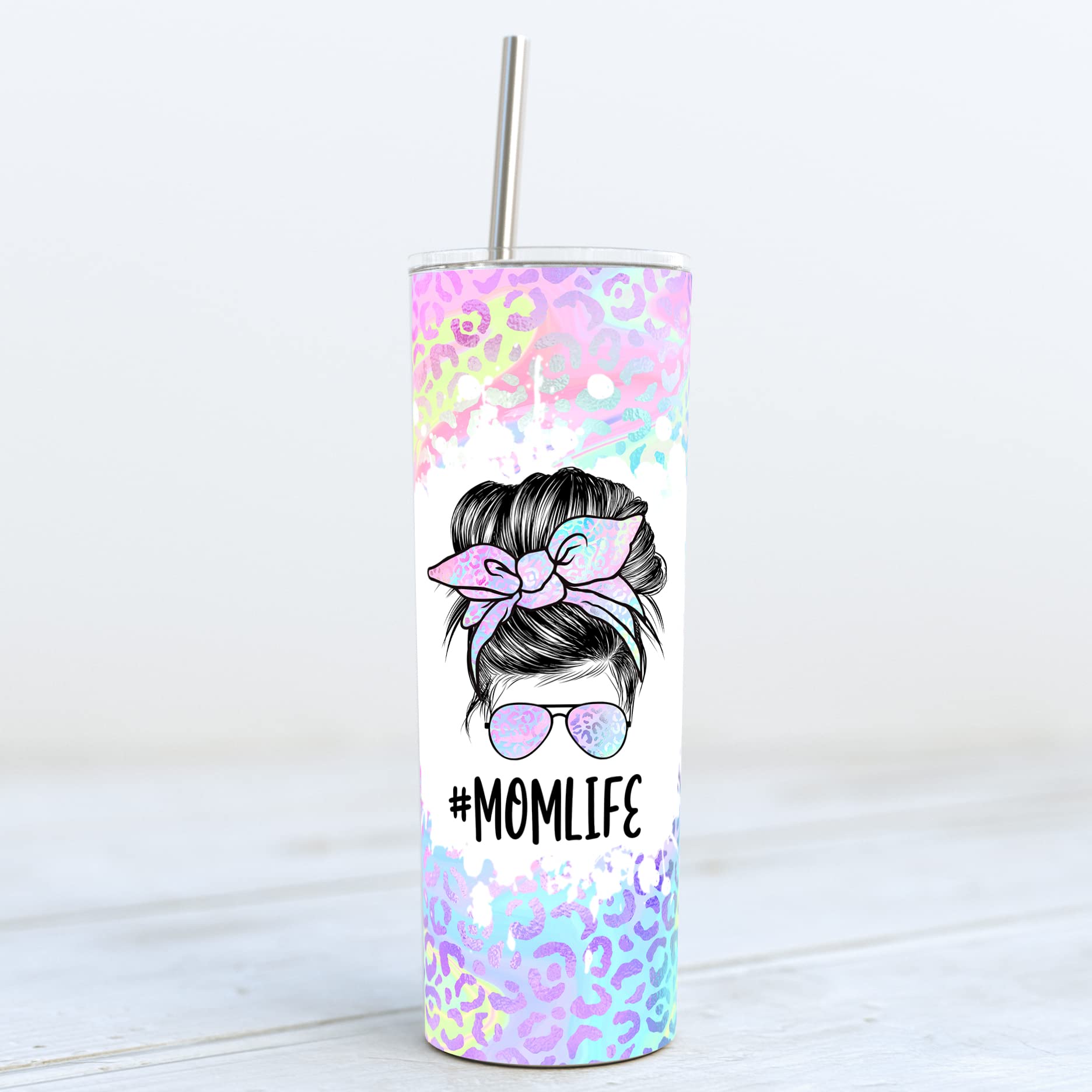 YouNique Designs 20oz Iridescent Leopard Print Stainless Steel Tumbler with Straw & Lid - Insulated Skinny Coffee Cup for Women, Mom Life Travel Mug - Perfect for Coffee, Tea, Water & On-the-Go Use