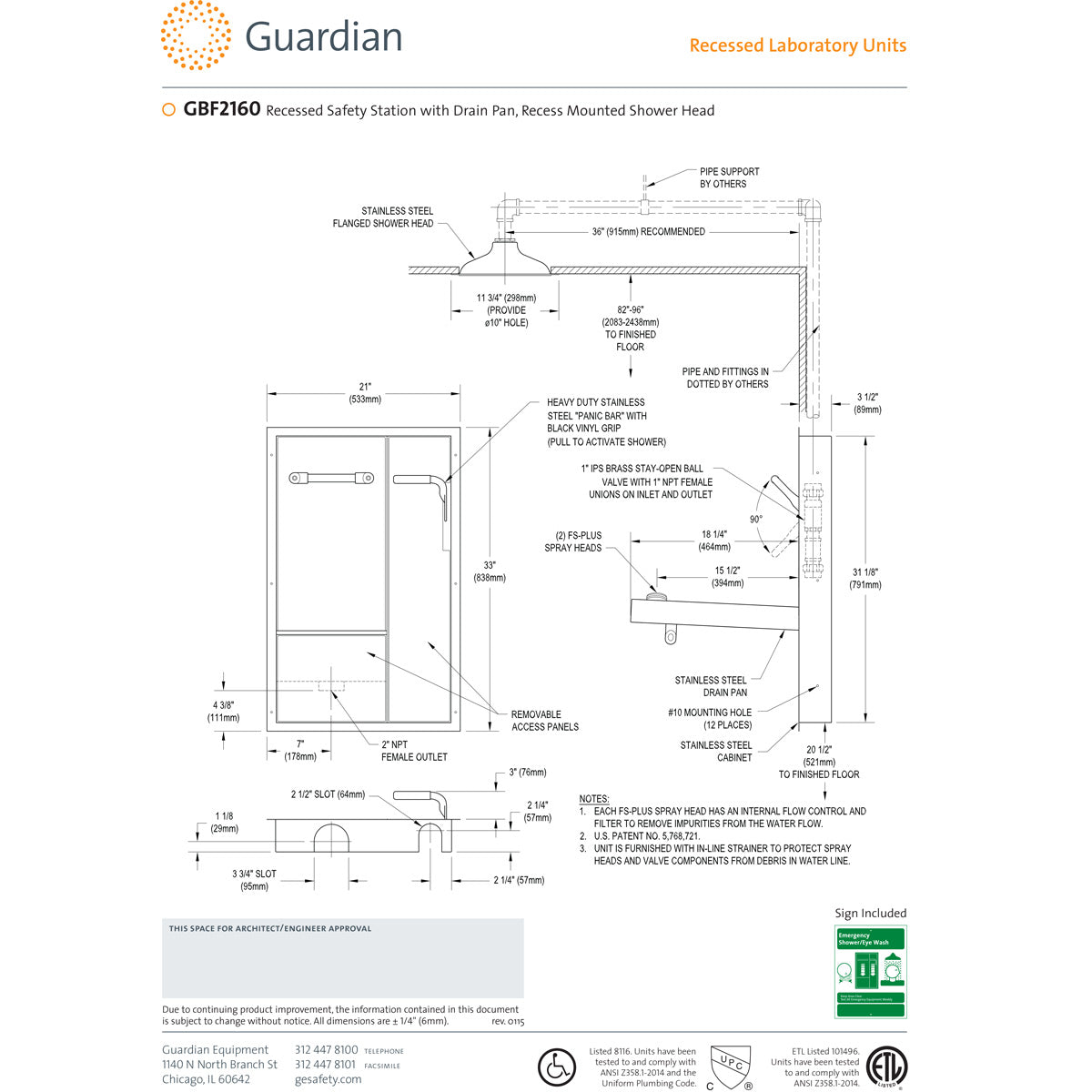 Guardian GBF2160 Recessed Lab Emergency Shower & Eyewash Station - ANSI Compliant Safety Equipment for Chemical Spills & Eye Rinsing in Laboratories, Factories & Industrial Workplaces