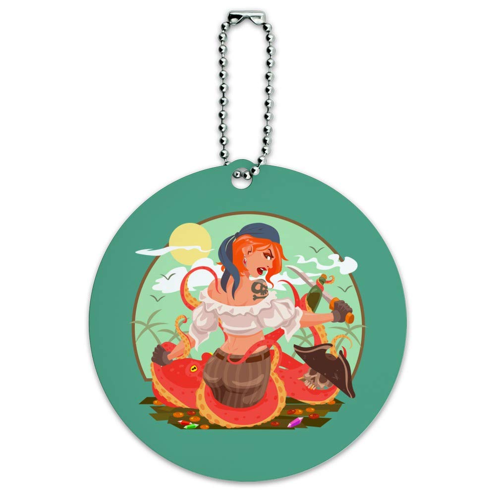 Octopus & Pirate Themed Round Luggage ID Tag - Waterproof Suitcase Name Tag for Travel Bags & Carry-Ons - Perfect for Kids Backpacks, Cruise Vacations & Themed Travel Accessories