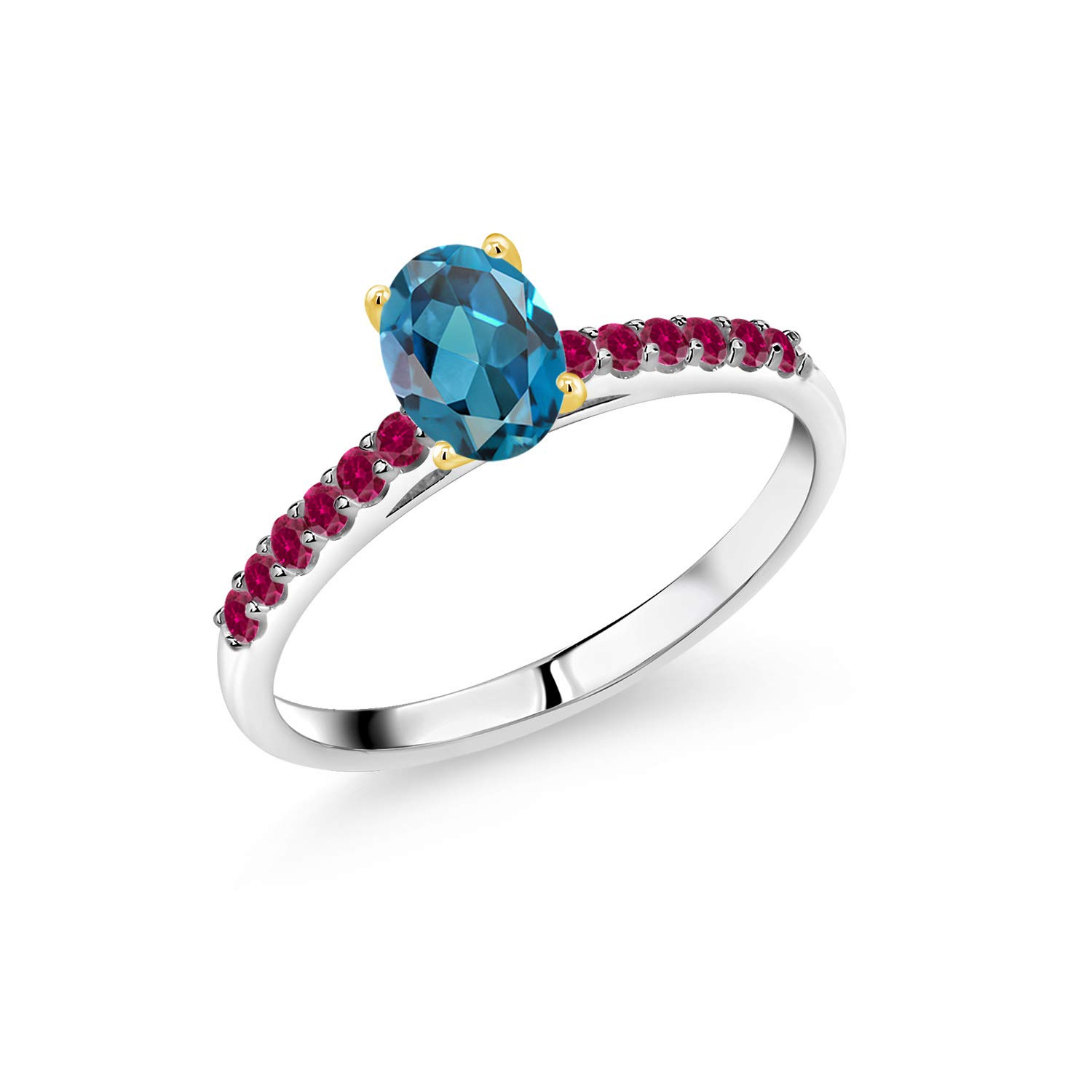 1.18 Ct London Blue Topaz & Red Created Ruby 925 Sterling Silver Ring with 10K Yellow Gold Prongs - Elegant Gemstone Jewelry for Women, Perfect for Engagement, Anniversary & Special Occasion Gifts