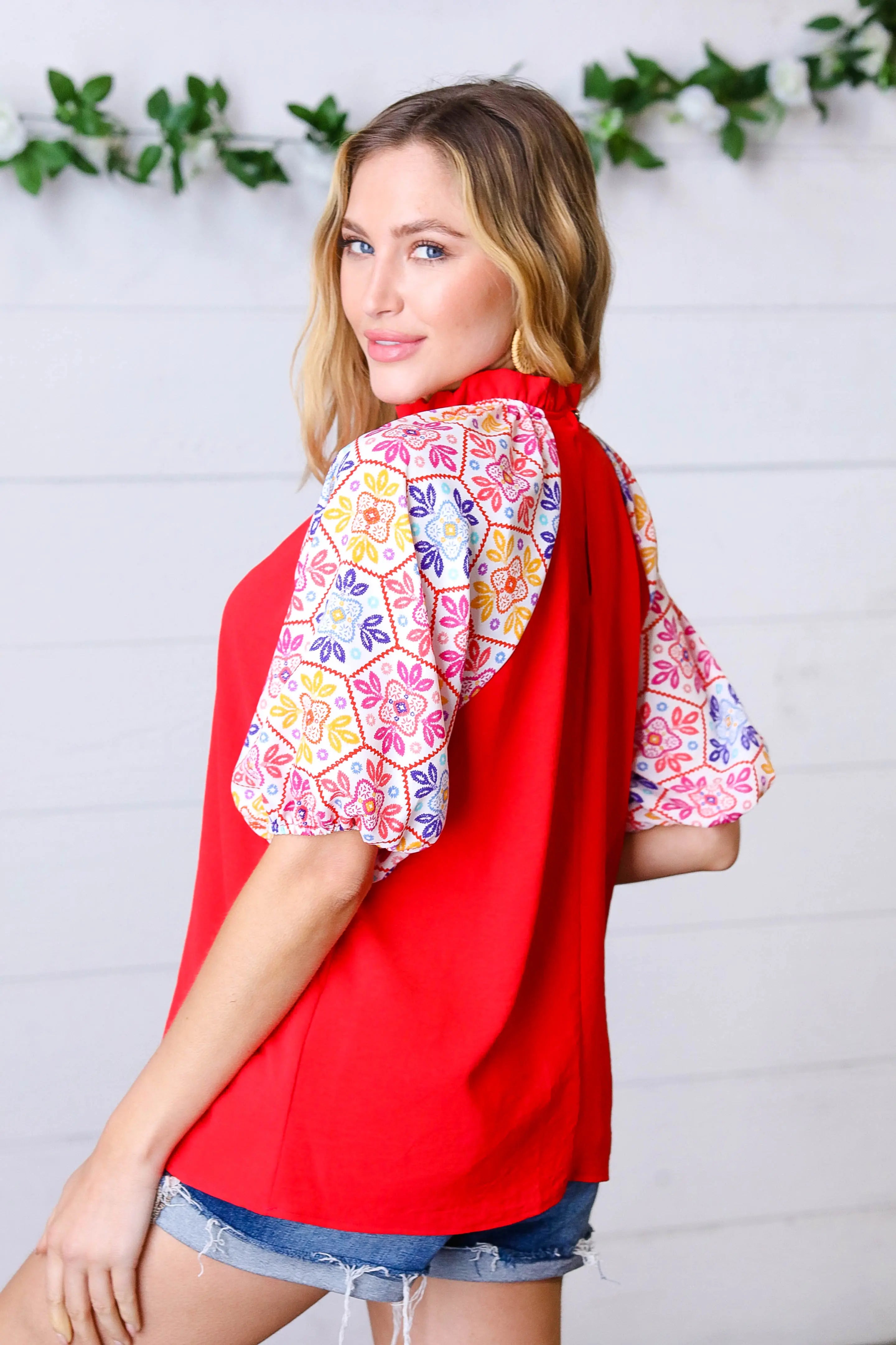 Cardinal Red Frilled Mock Neck Floral Puff Sleeve Blouse - Elegant Women's Fashion Top for Parties, Dates & Special Occasions