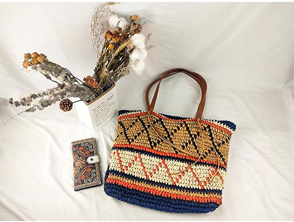 Retro Straw Beach Bag for Women - Geometric Pattern Tote with Tassels | Summer Vacation & Outings