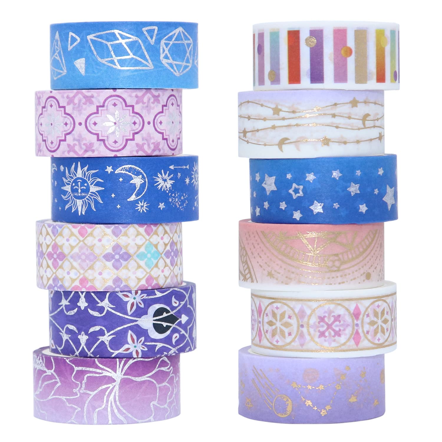 VEYLIN 12 Rolls Foil Washi Tape Set - Shiny Galaxy Moon Decorative Masking Tape for DIY, Art, Crafts, Scrapbooking - Perfect for Journals, Bullet Planners, Gift Wrapping & Home Decor