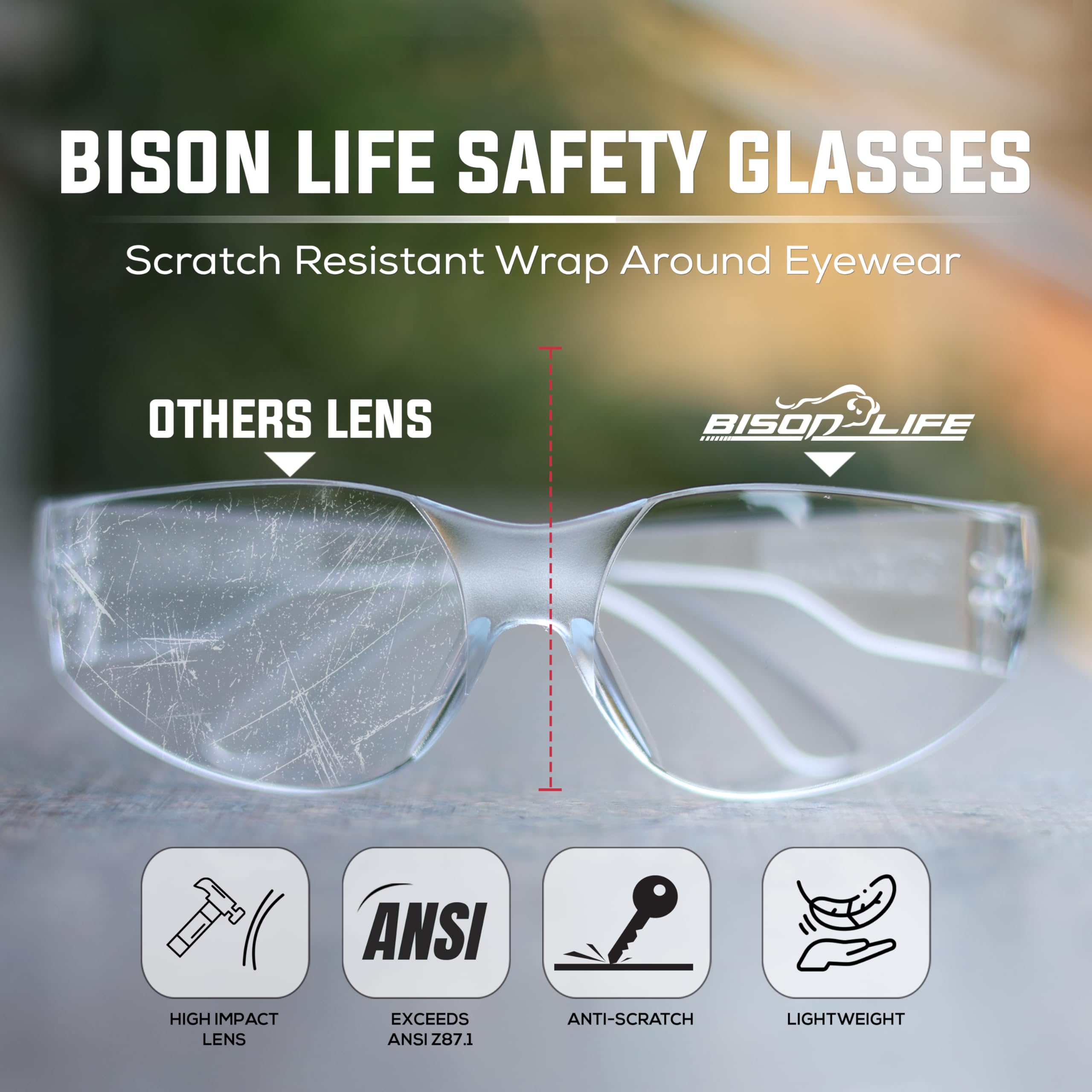 BISON LIFE Safety Glasses - ANSI Z87.1 Certified, Anti-Scratch Polycarbonate Lens, Wrap-Around Protective Eyewear for Construction, Woodworking & DIY Projects