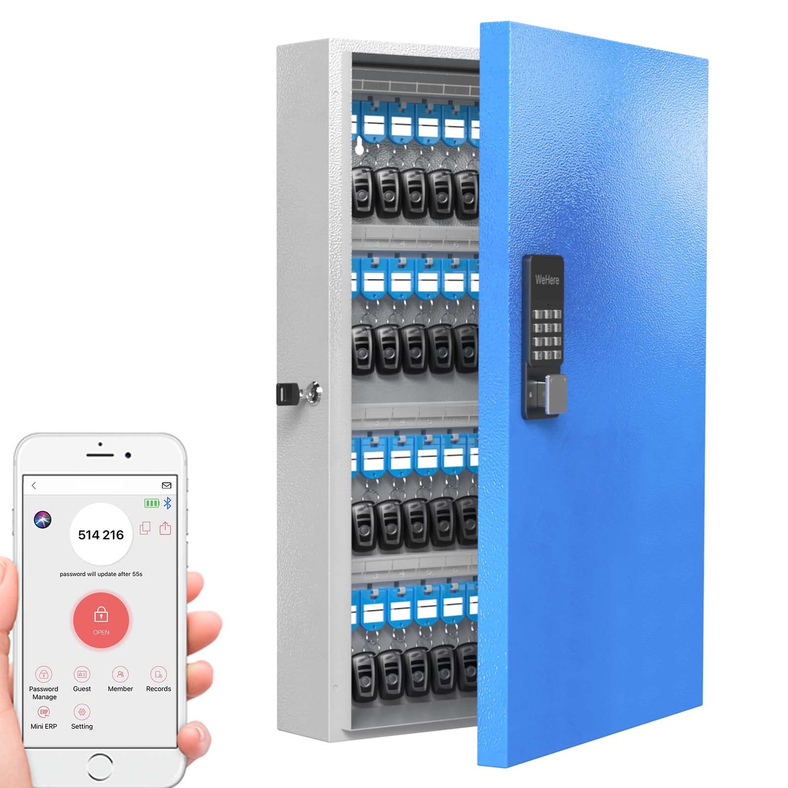WeHere 96 Key Lock Box Wall Mount - Smart Key Cabinet with Bluetooth, Wi-Fi, One-Time Password & Fixed Code Unlock | Key Organizer Box for Car Dealers, Hotels, Offices & Real Estate Key Management | Perfect for Property Access Control & Secure Key Storage