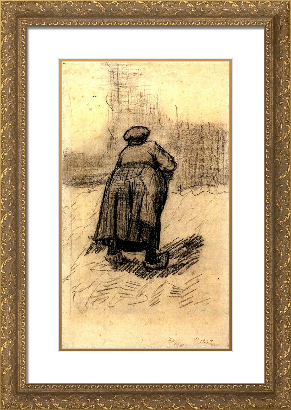 Van Gogh 'Peasant Woman Lifting Potatoes' 18x24 Gold Ornate Framed Art Print with Double Matting - Premium Wall Decor for Living Room, Bedroom & Office