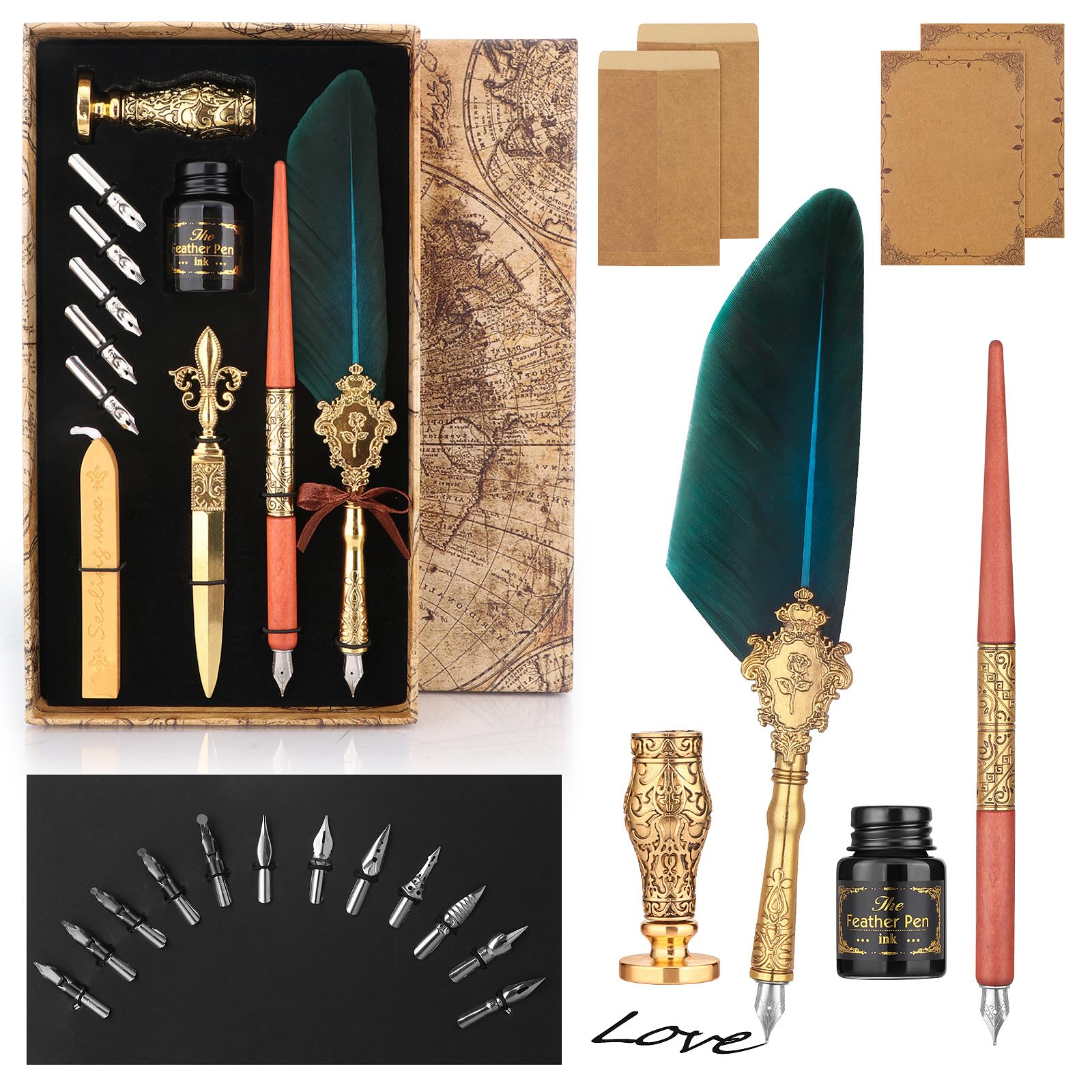27 Pcs Feather Quill Pen and Ink Set - Calligraphy Writing Kit with 2 Pens, 17 Nibs, Wax Seal Stamp, Ink & Holder - Perfect for Beginners & Calligraphy Lovers | Vintage Letter Writing, Wedding Invitations, DIY Scrapbooking & Artistic Gift Giving