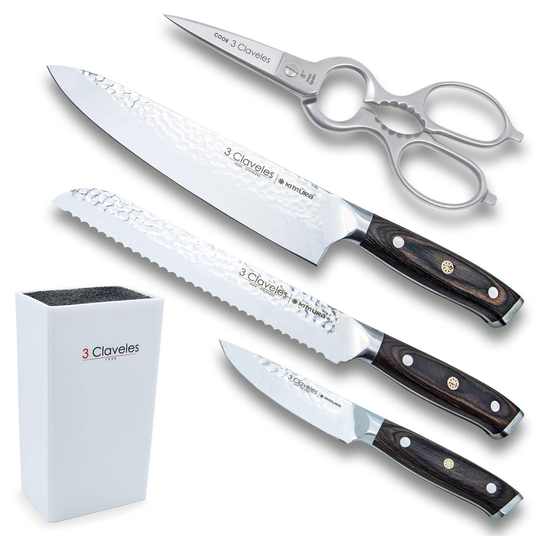 Premium Kimura 3-Piece Stainless Steel Professional Kitchen Knife Set with Shears & Fiber Block - Sharp Chef Knives for Slicing, Dicing & Chopping - Ideal for Home Cooks & Culinary Enthusiasts