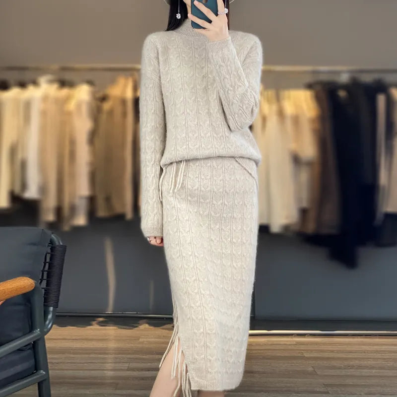 Women's Autumn Winter Pure Wool Sweater Set - Semi High Neck Cashmere Knit Top & Tassel Skirt 2-Piece Outfit | Warm Winter Fashion for Office, Dating & Holiday Parties