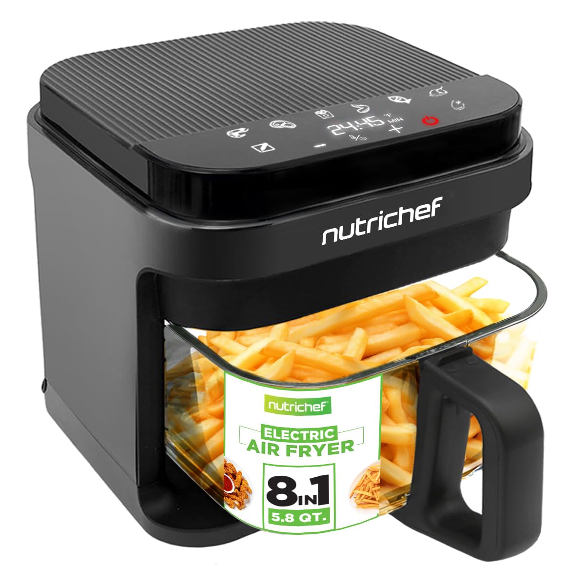 Nutrichef 5.8 Quart Air Fryer with 8 Preset Functions - Transparent Basket for Perfect Cooking - Fry, Bake, Roast Chicken, Steak, Shrimp & Vegetables - Digital Timer & Temperature Control - Ideal for Family Meals, Parties & Healthy Snacks - Black