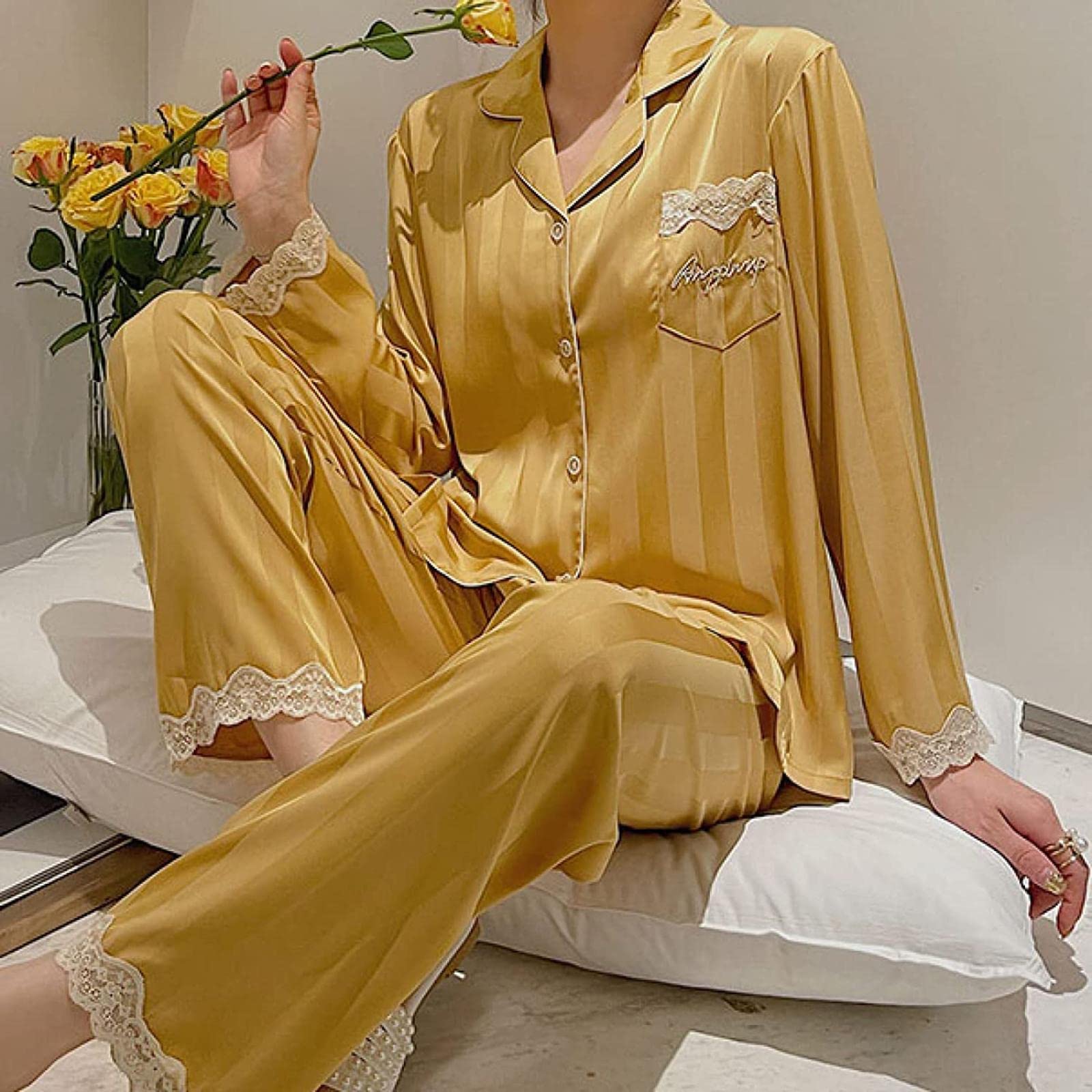 Women's Lace Silk Satin Pajama Set - 2-Piece Long Sleeve Comfortable Sleepwear Loose Fit Button Down PJs for Lounge & Bedtime | Perfect for Relaxing at Home, Gift Giving & Special Occasions