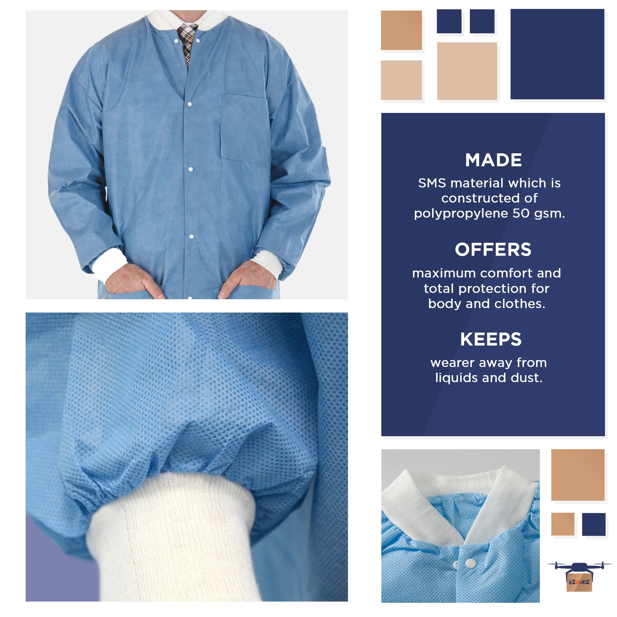 EZGOODZ Disposable Lab Coat - 29 Inch Length, Ceil Blue, Pack of 100 - SMS 50 GSM Unisex PPE Workwear with Snap Front, Knit Cuffs & 3 Pockets - Ideal for Medical Labs, Cleanrooms, Food Processing & Industrial Safety