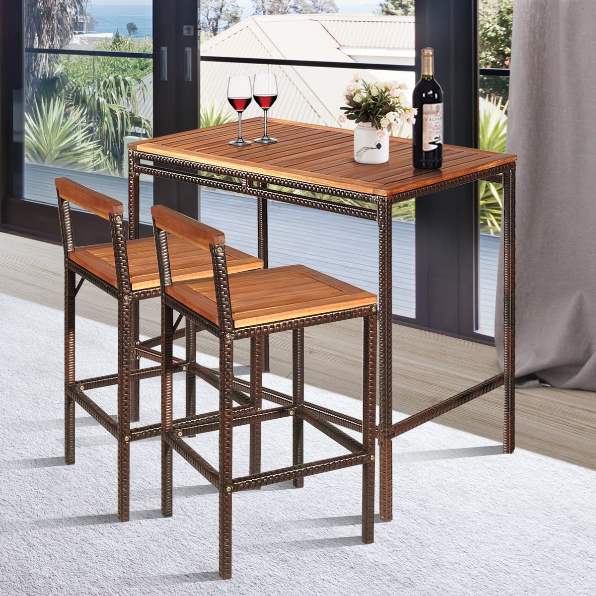 RELAX4LIFE 3-Piece Outdoor Bar Table Set with Acacia Wood Top & 2 Rattan Bar Stools - PE Wicker Patio Dining Set with Backrest & Footrest - Perfect for Backyard, Porch, Poolside & Garden Relaxation