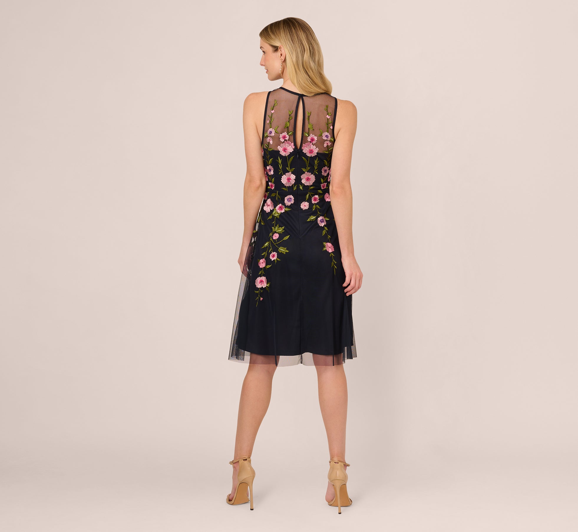 Floral Embroidered Illusion Midi Dress in Midnight Multi - Elegant Party & Wedding Guest Dress for Women