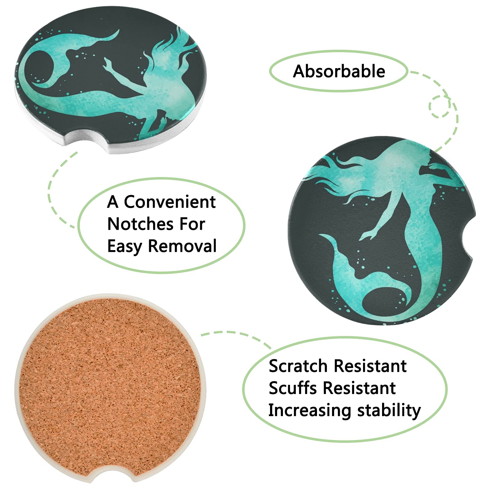 2 Pack Green Mermaid Car Coasters - Absorbent Ceramic Cup Holder Coasters for Cars with Non-Slip Grip (2.5 Inch) - Perfect for Preventing Spills in Vehicles, Office Desks & Home Use