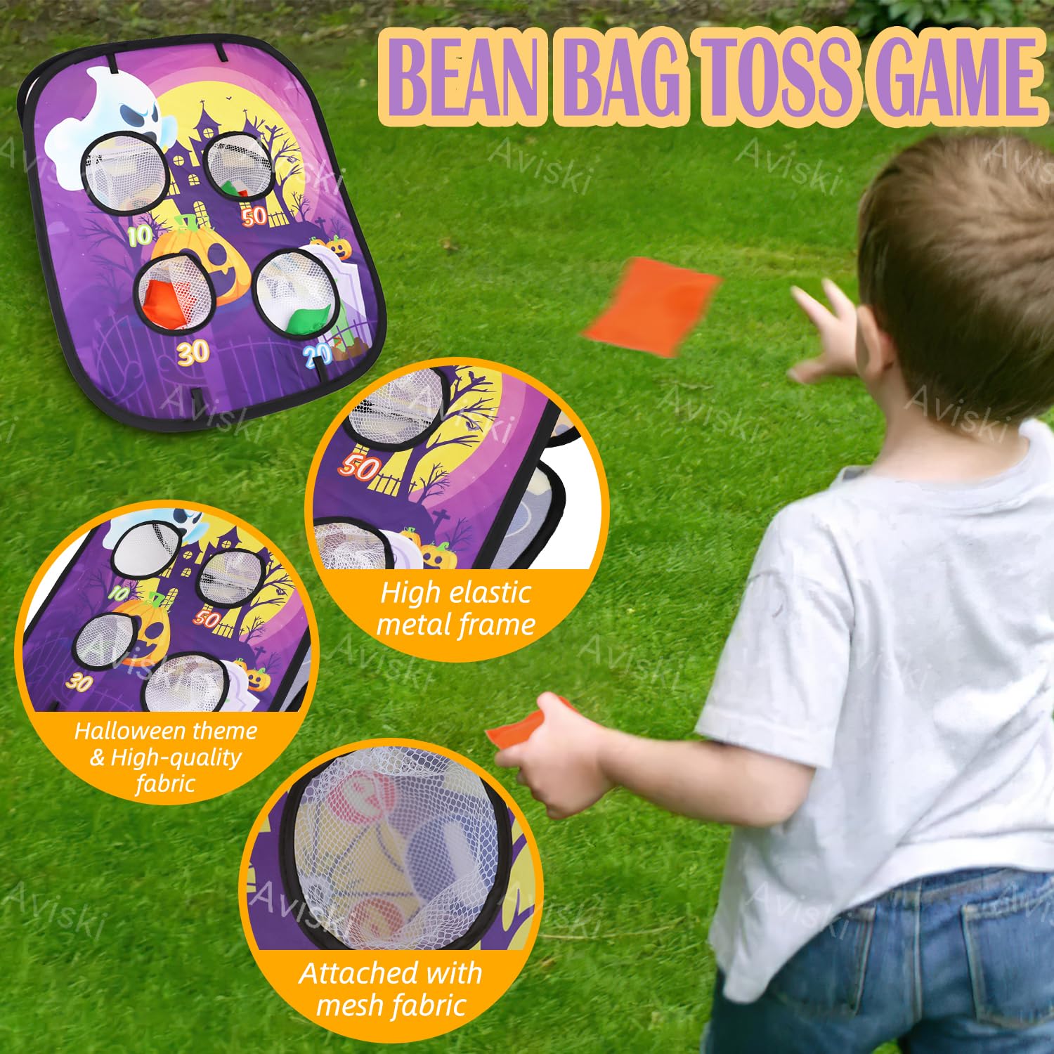 Halloween Bean Bag Toss Game Set for Kids & Family - Ghost Pumpkin Castle Pattern with Scoring Board - Outdoor & Indoor Halloween Party Games, Yard Activities, Carnival Fun