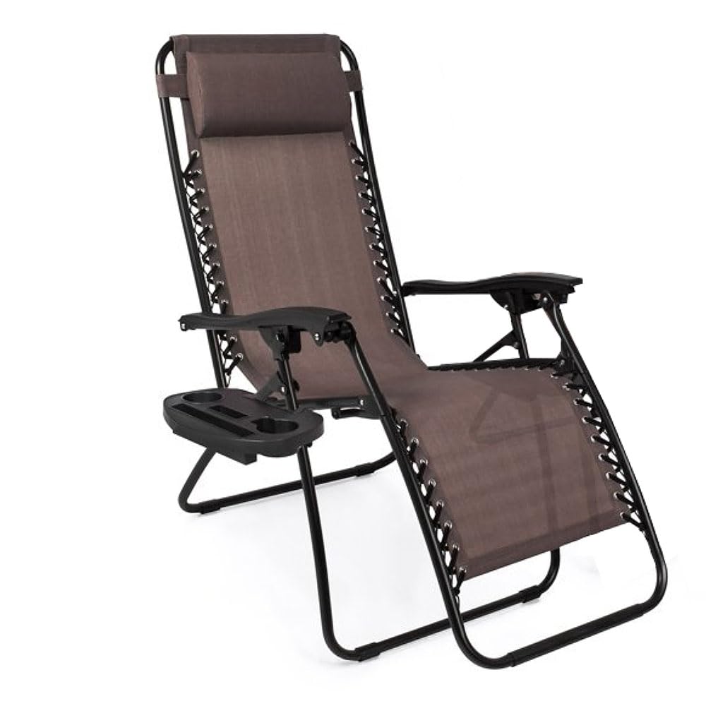EZONE Zero Gravity Lounge Chair - Adjustable Reclining Outdoor Patio Chair with Steel Mesh & Cup Holder - Foldable Recliner for Pool, Beach, Camping - Includes Comfort Pillows - Perfect for Relaxing in Backyard, Garden or Vacation (Brown)