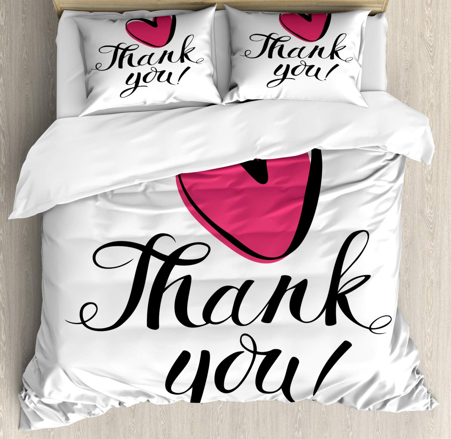 Ambesonne Thank You Duvet Cover Set - Queen Size 3 Piece Bedding with Heart Doodle Design in Black & Dark Pink | Hand Drawn Love Memo Pattern | Includes 2 Pillow Shams | Perfect for Valentine's Day, Anniversary Gifts or Bedroom Decor