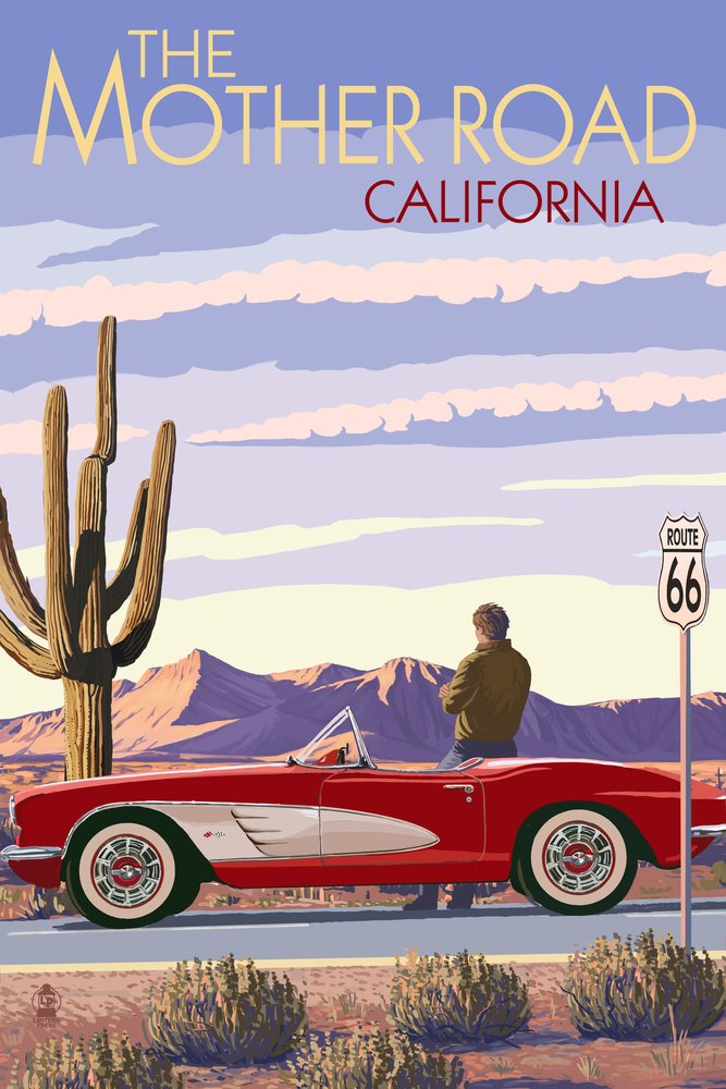 Vintage Route 66 Pasadena California Classic Car 24x36 Signed Art Print - Wall Decor Poster for Home, Office & Man Cave