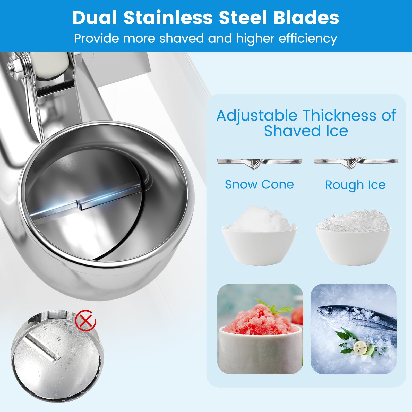 COSTWAY Commercial Shaved Ice Machine 440LBS/H - Stainless Steel Ice Crusher with Safety Switch & Dual Blades - 11.6 Gallon Acrylic Storage - 200W Electric Snow Cone Maker for Home Bars, Parties & Restaurants - Perfect for Summer Treats, Cocktails & Frozen Desserts