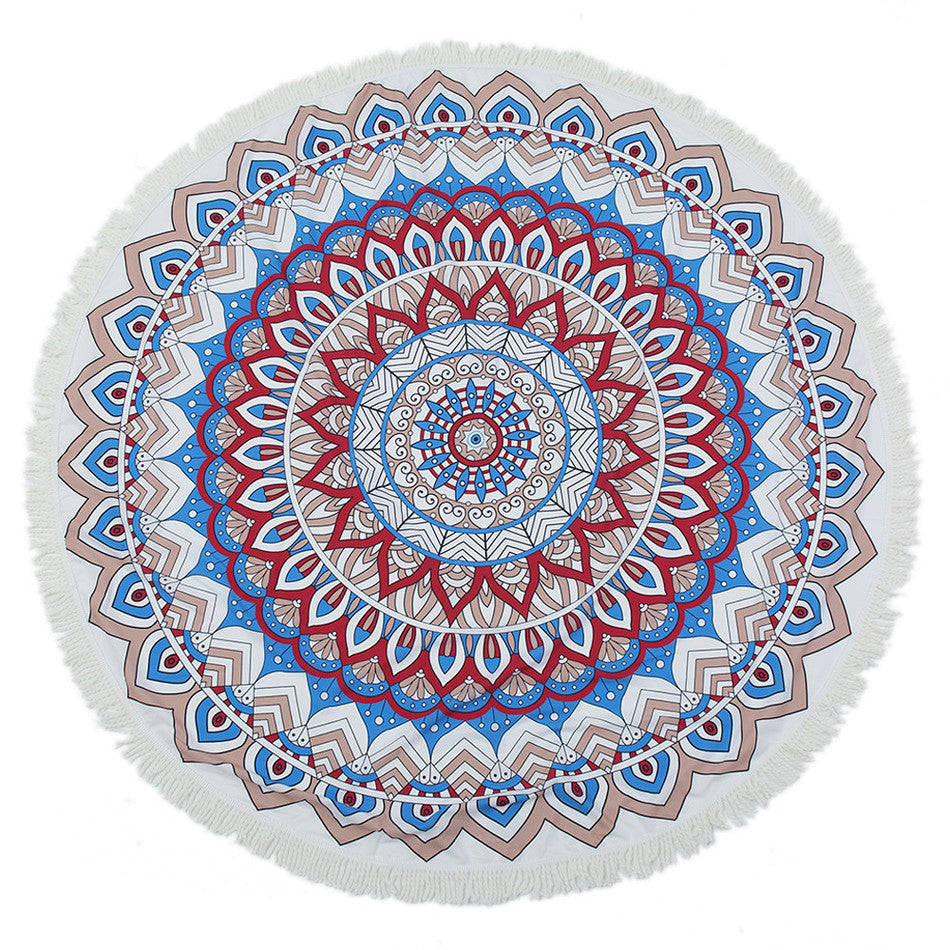 Red Leaf Blue Round Mandala Beach Towel - 150x150cm Polyester Tassel Fringed Round Mat for Beach, Picnic, Yoga & Home Decor | Tablecloth & Wall Tapestry