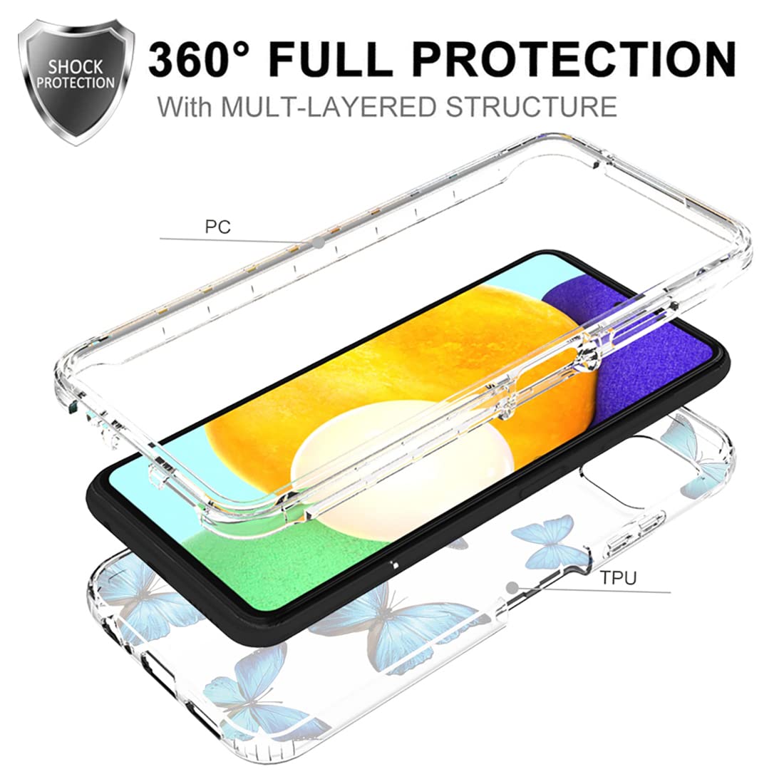 Samsung Galaxy A22 5G Case with Tempered Glass Screen Protector - Clear Butterfly Pattern Full Body Protective Cover for SM-A226B/A22S 5G (Blue Butterfly) | Perfect for Everyday Use, Travel & Outdoor Activities