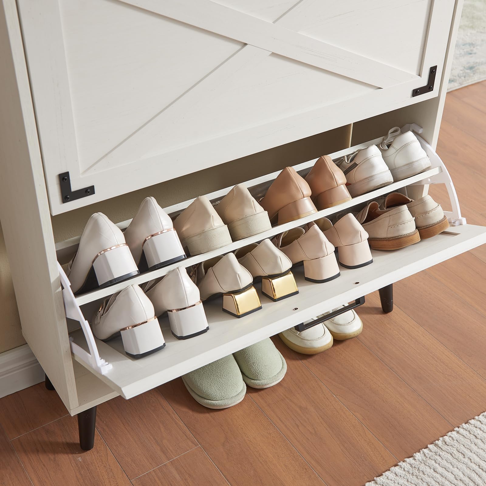 Farmhouse Shoe Storage Cabinet with 2 Flip Drawers & Barn Door Design - Freestanding Hidden Slim Narrow Shoe Rack Organizer for Entryway, Foyer, Hallway - Antique White - Perfect for Small Spaces & Home Organization