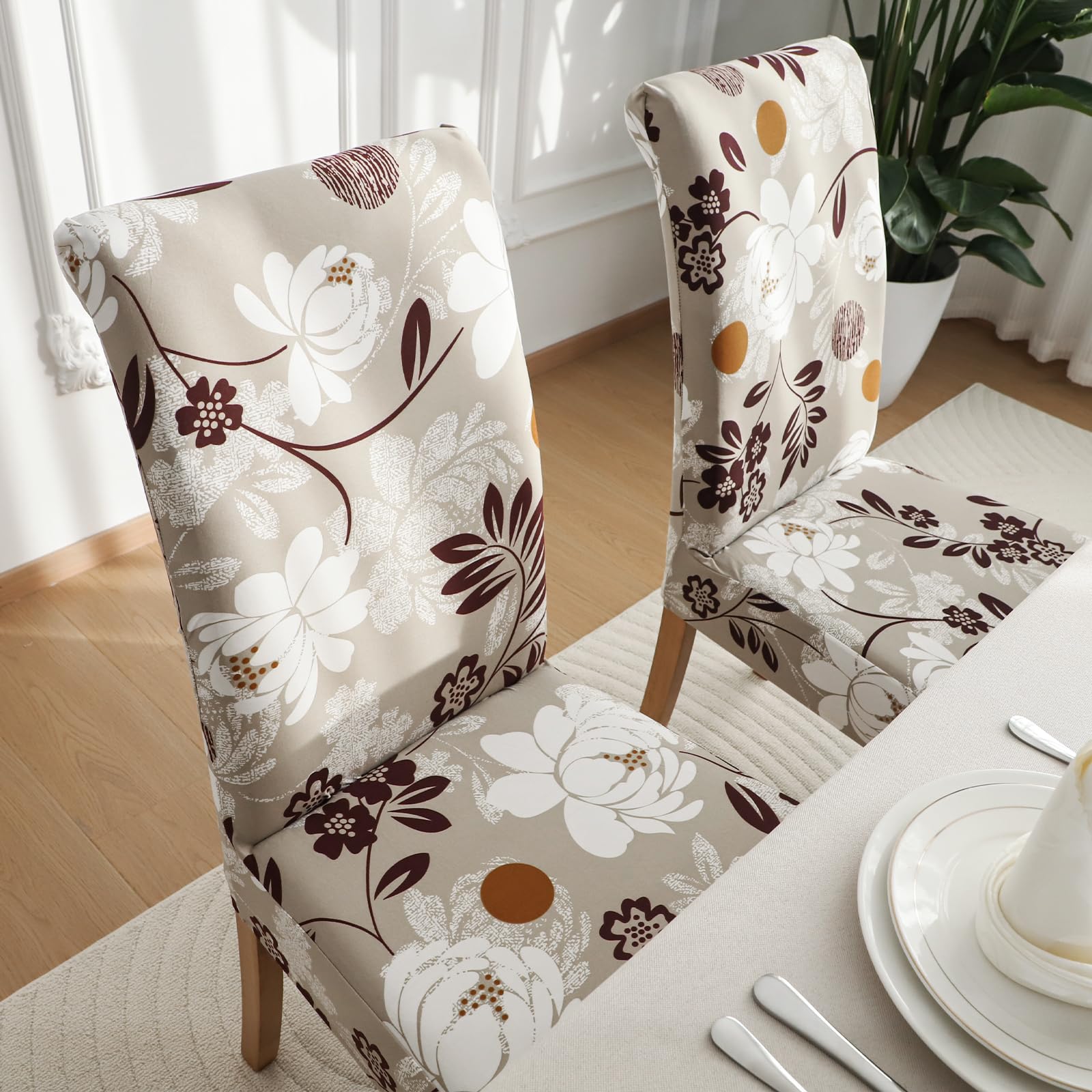 FORCHEER Stretch Dining Chair Covers Set of 4 - Beige Floral Pattern Washable Slipcovers for Kitchen, Parsons & Dining Room Chairs | Perfect for Home Decor, Parties & Daily Use (Pack of 4)