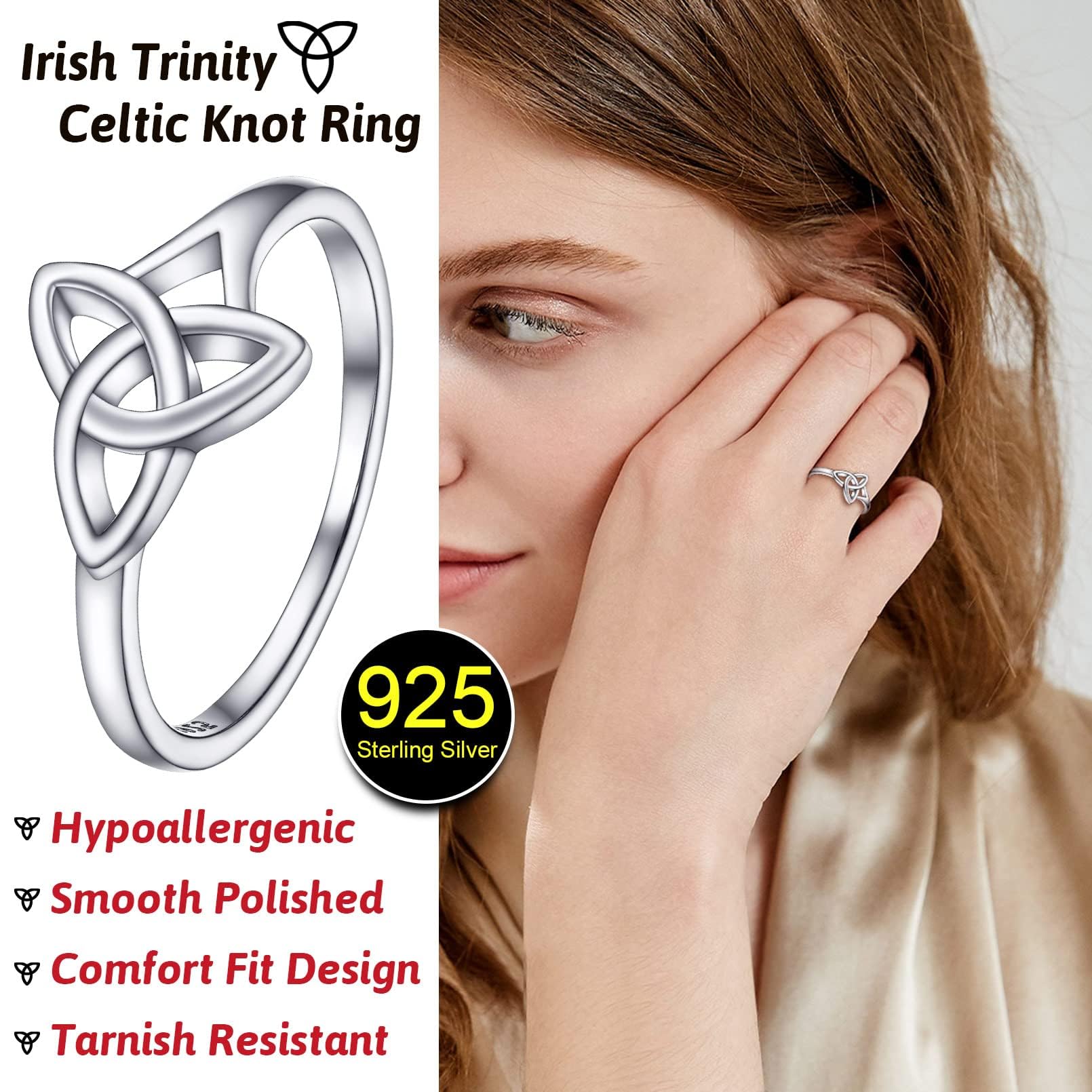 FaithHeart 925 Sterling Silver Triquetra Celtic Knot Ring for Women - Irish Wedding Band, Dainty Engagement Stacking Ring - High Polish Non-Tarnish Jewelry - Perfect for Birthday, Anniversary & Everyday Wear - Gift Box Included