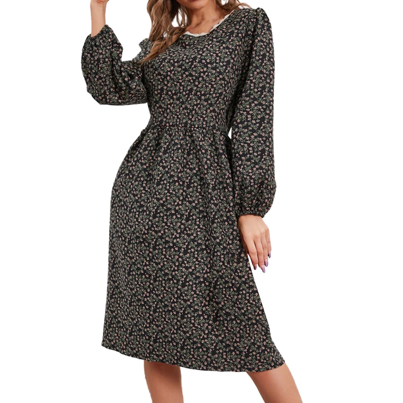 Elegant Floral Lace Long Sleeve Dress for Women - Round Neck Sun Dress for Autumn and Winter Fashion | Perfect for Parties, Weddings, and Casual Outings