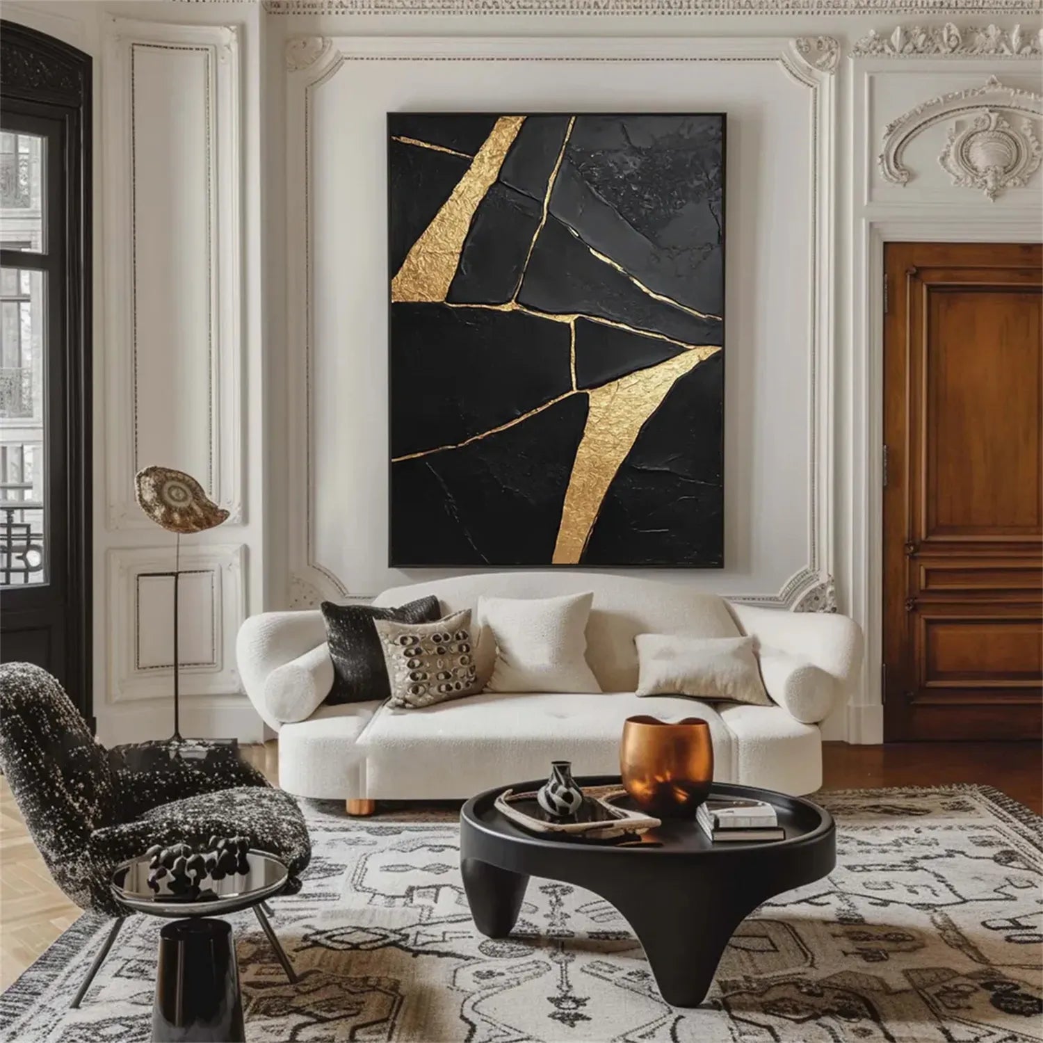 Black Gold Minimalist Textured Painting Canvas Wall Art - Modern Abstract Home Decor for Living Room, Bedroom & Office | Premium Quality #MZ123