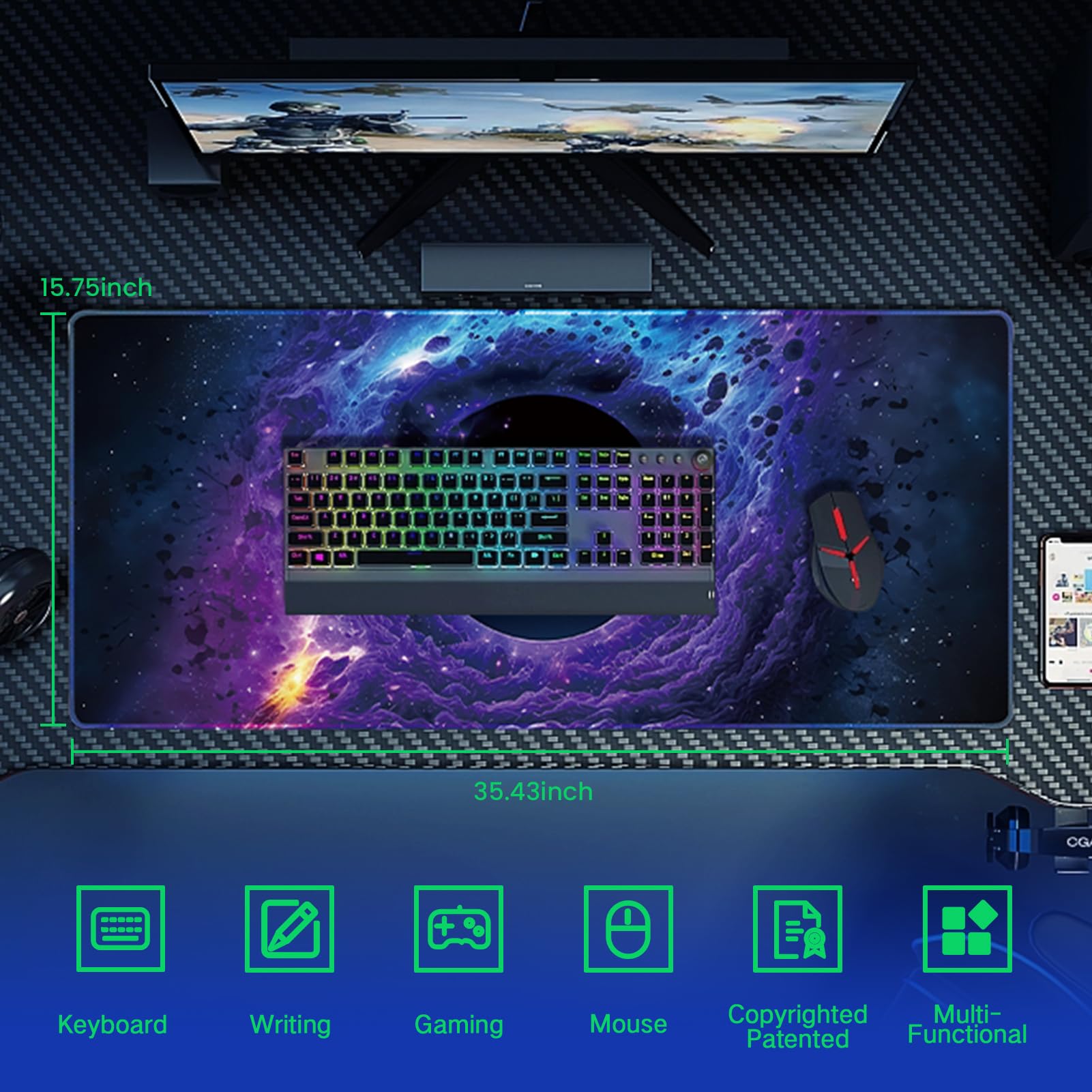 Ultra Large Gaming Mouse Pad - 35.4 x 15.7 Inch XXXL Desk Mat with Non-Slip Rubber Base, Thick Ergonomic Mousepad for PC, Laptop, Office & Home Workspace - Nebula Black Hole Design - Perfect for Gamers, Programmers & Professionals
