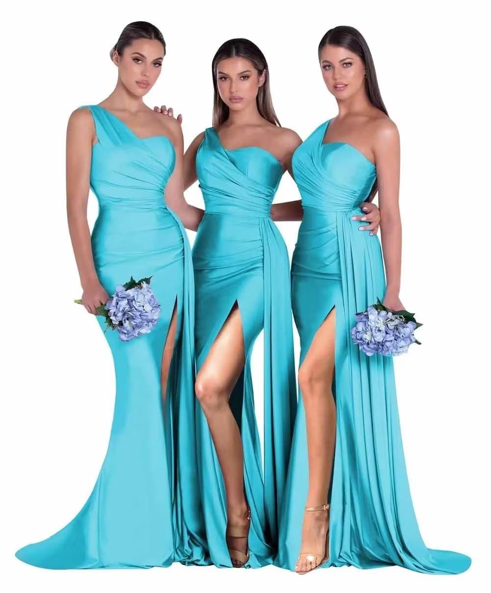 Elegant One Shoulder Mermaid Bridesmaid Dress - Bodycon Prom Gown with High Slit & Ruched Detail for Wedding, Party & Formal Events