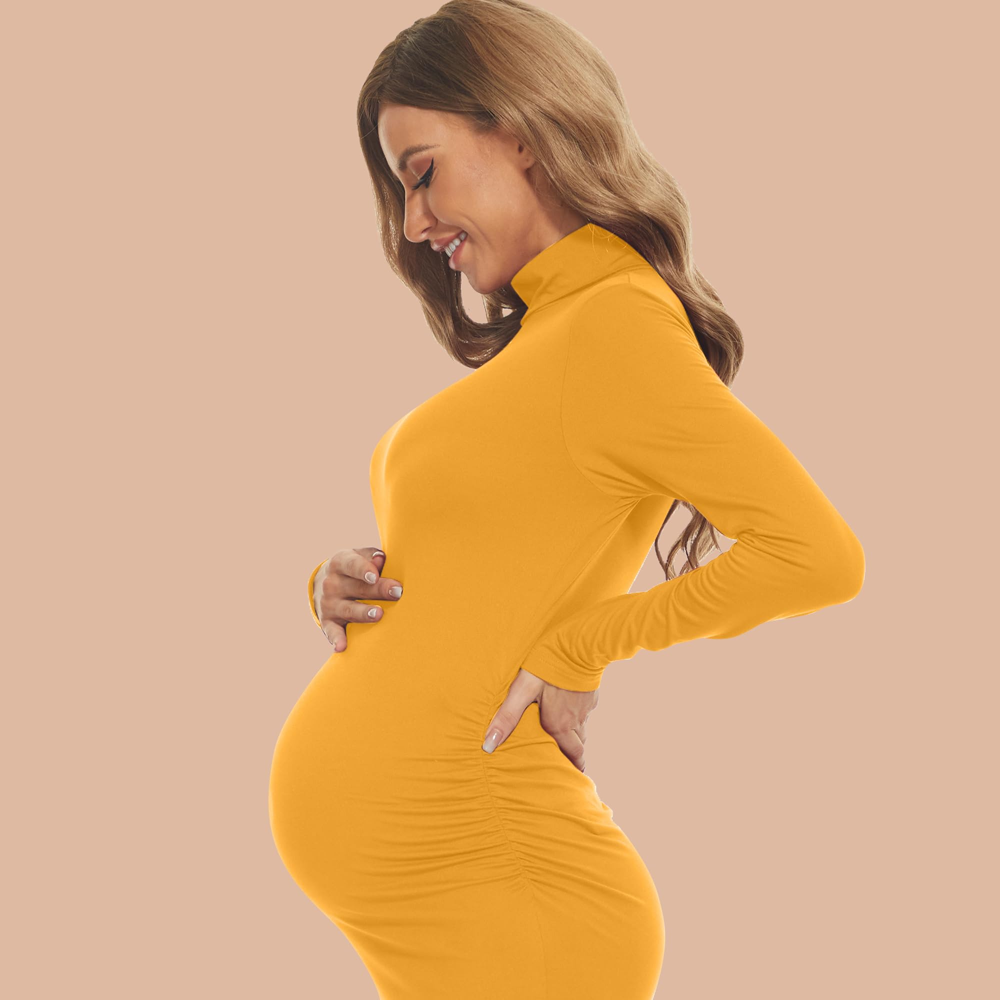 Elegant Turtleneck Long Sleeve Maternity Dress for Baby Shower, Photoshoot & Winter Pregnancy - Stretchy Ruched Bodycon Dress for Expecting Moms - Perfect for Special Occasions, Maternity Photos & Holiday Events
