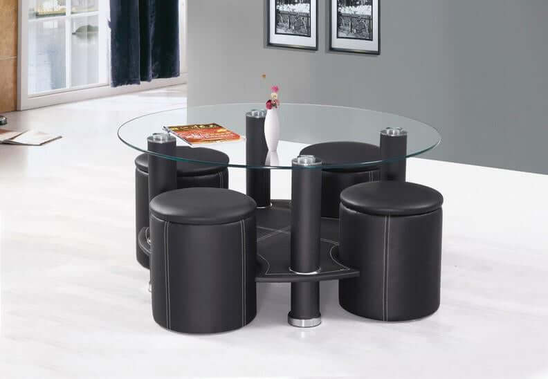 5-Piece Black Leatherette Tempered Glass Coffee Table Set with Contrast Stitching - Modern Living Room Furniture for Home & Office Decor
