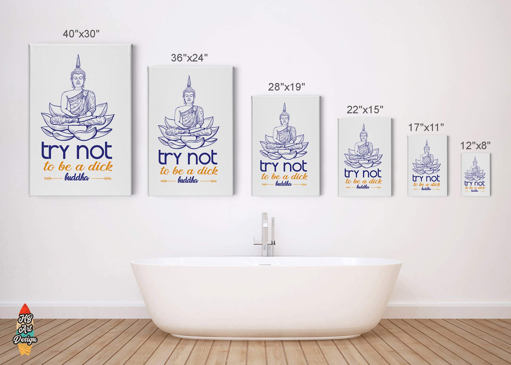 Funny Buddha Bathroom Wall Art - 'Try Not to Be a Dick' Canvas Print (12x8 inches) | Farmhouse Decor, Ready to Hang Toilet Sign | Perfect Gift for Bathroom, Home & Office Humor