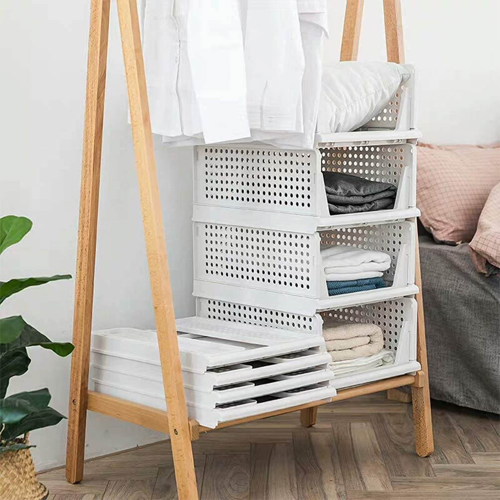 4-Pack Stackable Foldable Closet Organizer Bins - White Plastic Storage Boxes with Easy Open & Fold Design, Drawer-Style Pull Out for Wardrobe, Shelves, Home, Bedroom & Kitchen Organization | Perfect for Clothes, Toys, Pantry Items & Household Storage