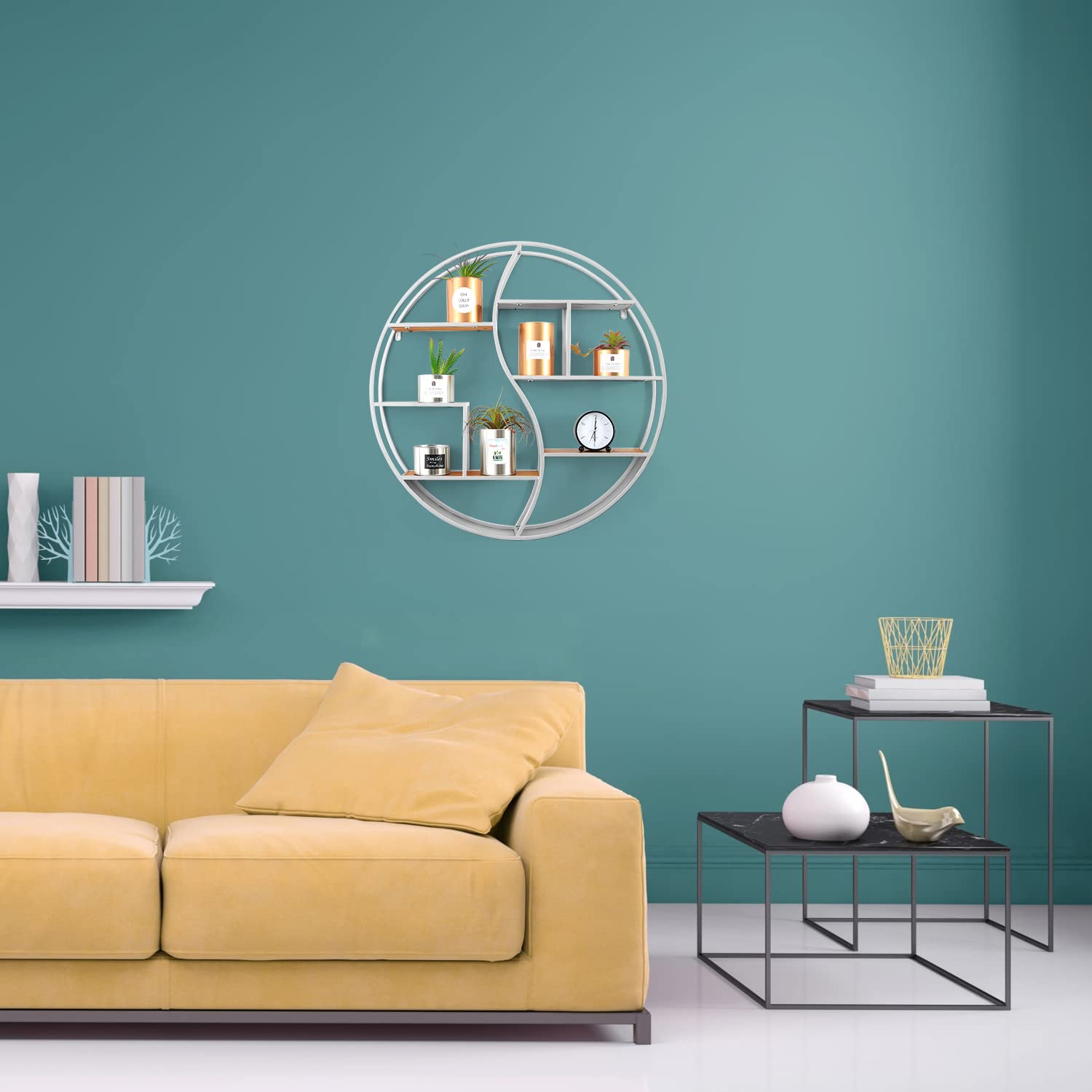 24 Inch Round Wall Shelf - Metal & Wood Circular Floating Shelves for Wall Decor | Silver Wall Mounted Display Organizer for Living Room, Bathroom, Fireplace & Bedroom | Modern Home Storage Solution for Books, Plants & Decor