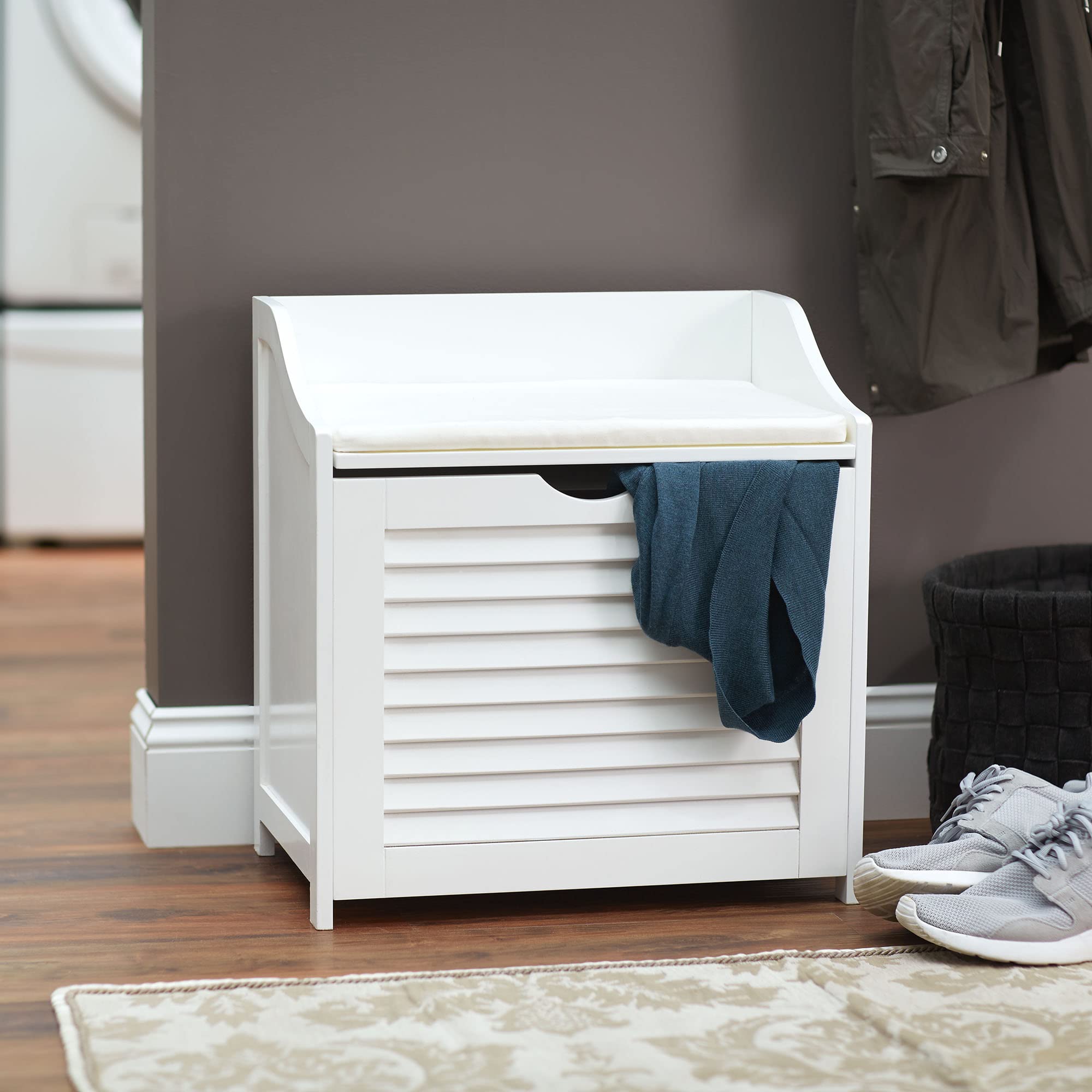 Household Essentials Single Load Hamper Cabinet Seat with Storage - White | Space-Saving Laundry Organizer for Bedroom, Bathroom & Closet