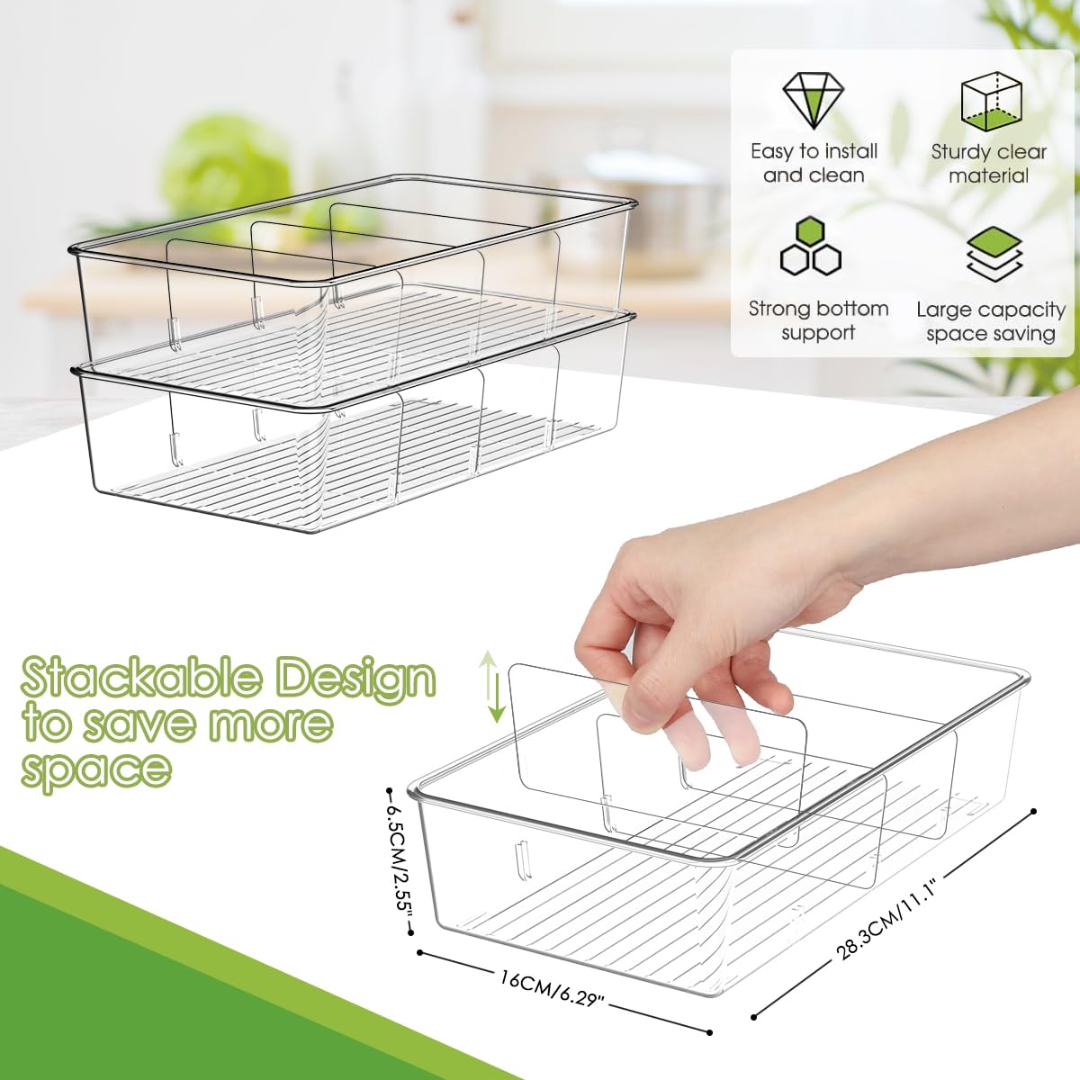 2-Pack Clear Pantry Organizers with Dividers - Kitchen Storage Bins for Snacks, Spices & Cabinets