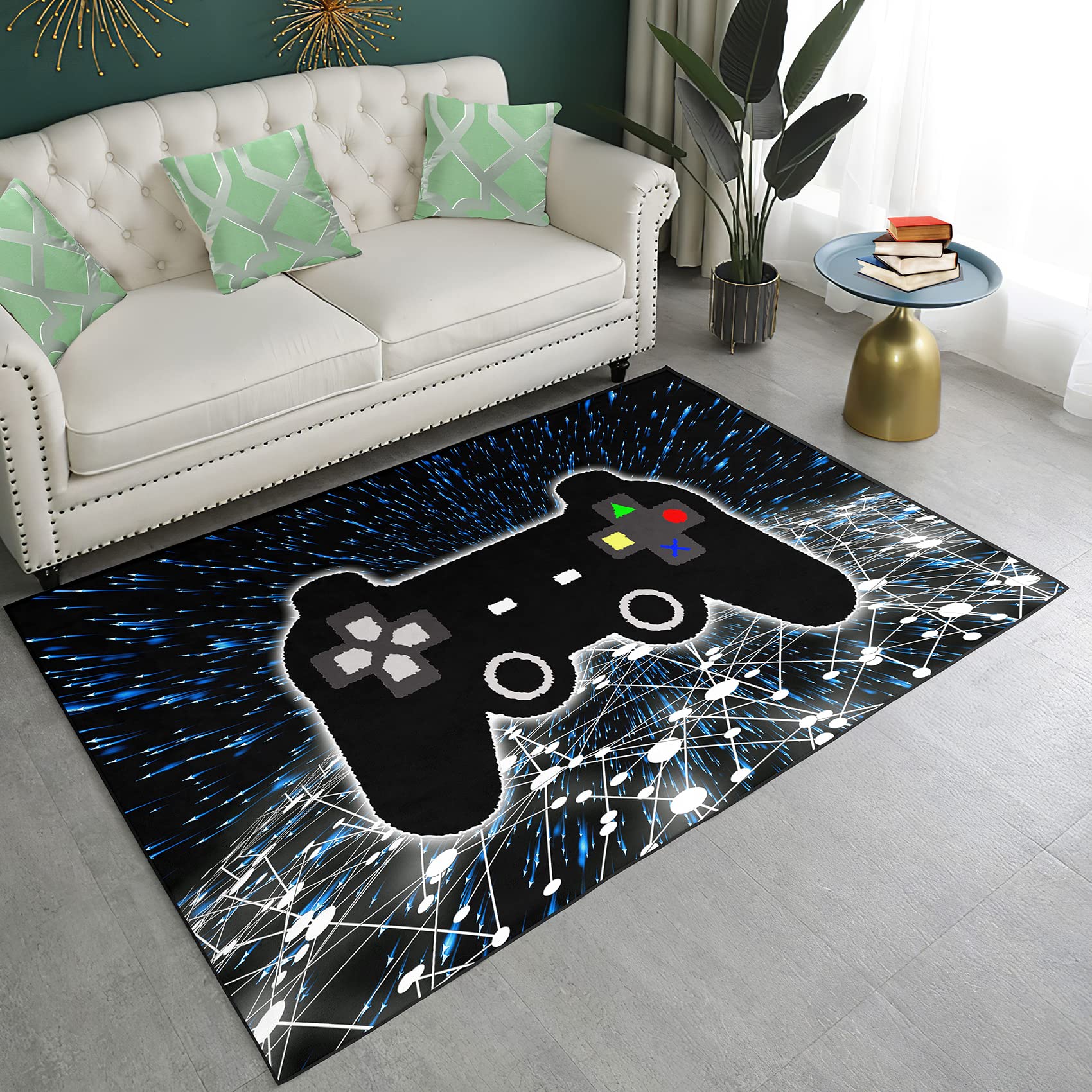 Gamer Controller Area Rugs - Video Game Themed Floor Mats for Teen Boys Bedroom, Living Room & Game Room Decor - Black Polyester Carpet for Sofa, Doormat & Outdoor Use - Perfect for Gaming Setup, Lounge Areas & Man Caves