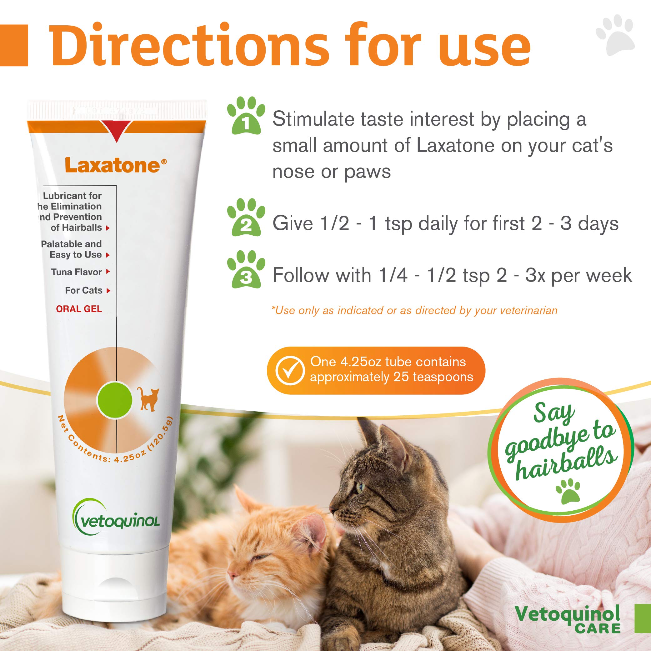 Vetoquinol Laxatone Tuna-Flavored Hairball Relief Gel for Cats - 4.25oz Oral Lubricant - Helps Prevent Hairballs & Supports Digestive Health - Perfect for Long-Haired & Grooming Cats