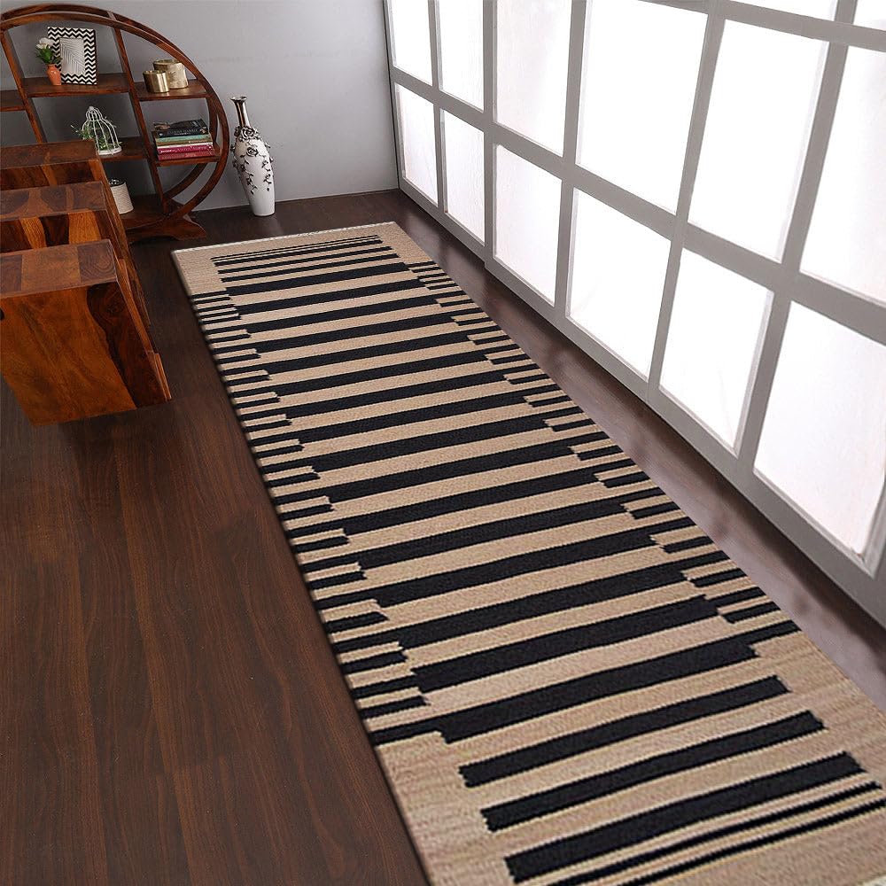 Handwoven Flat Weave Kilim Wool Eco-Friendly Area Rugs - 3'x13' Runner, Cream Charcoal Modern Design, Low Pile Handmade Carpet for Living Room, Hallway & Entryway | Sustainable Natural Fiber Rug for Home Decor