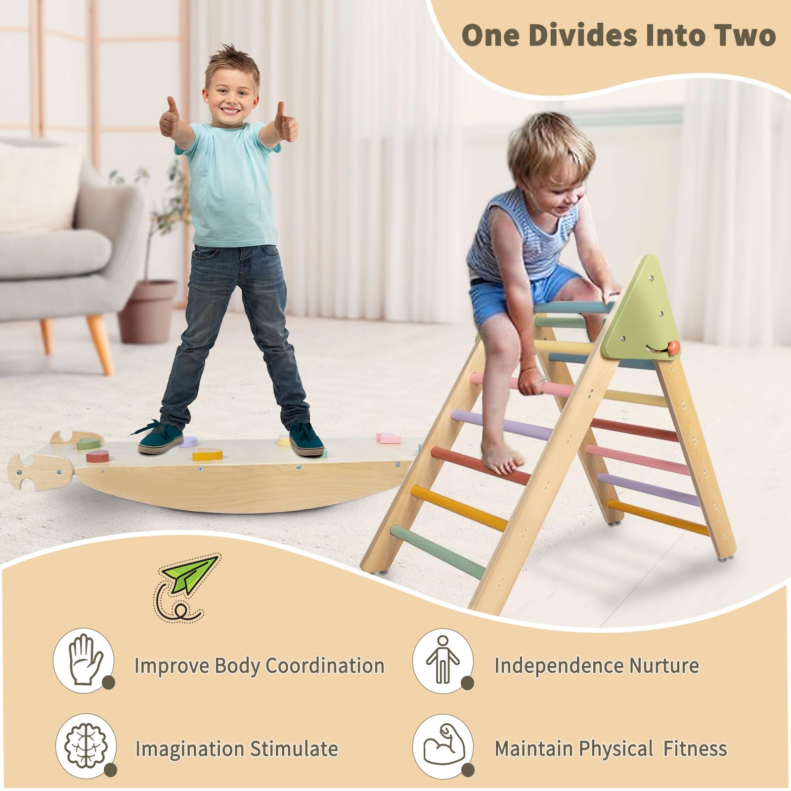 **LOL-FUN 4-in-1 Pikler Triangle Climber Set with Ramp & Slide – Large Foldable Wooden Toddler Climbing Toy for Indoor Play – Montessori Toys for Kids 1-3 Years – Perfect for Home, Nursery & Playroom**