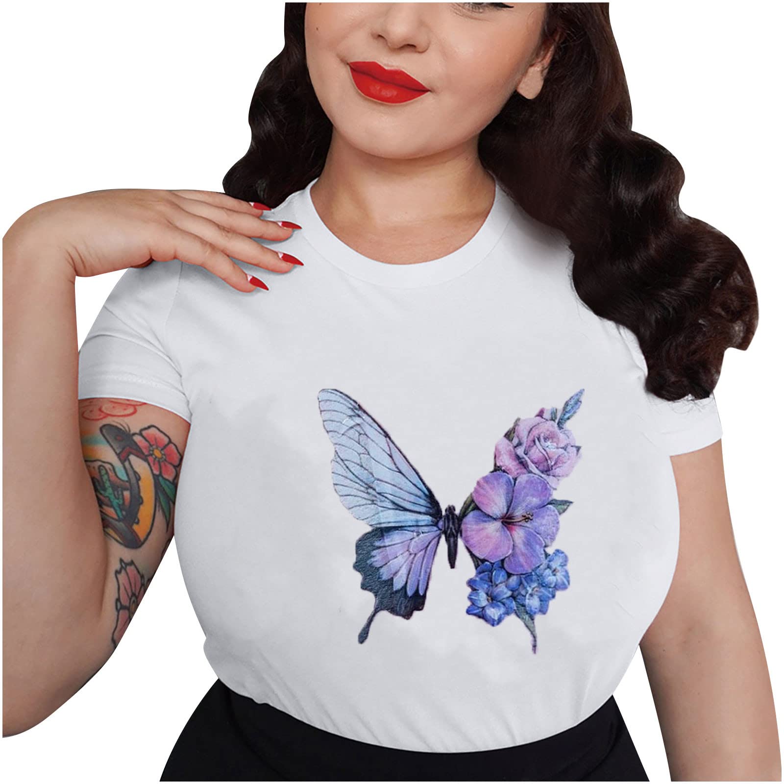 Women's Butterfly Print Short Sleeve Blouse - Summer Crewneck Loose Casual Top for Work & Outings | CBCBTwo Flowy T-Shirt for Beach, Date Night & Everyday Wear
