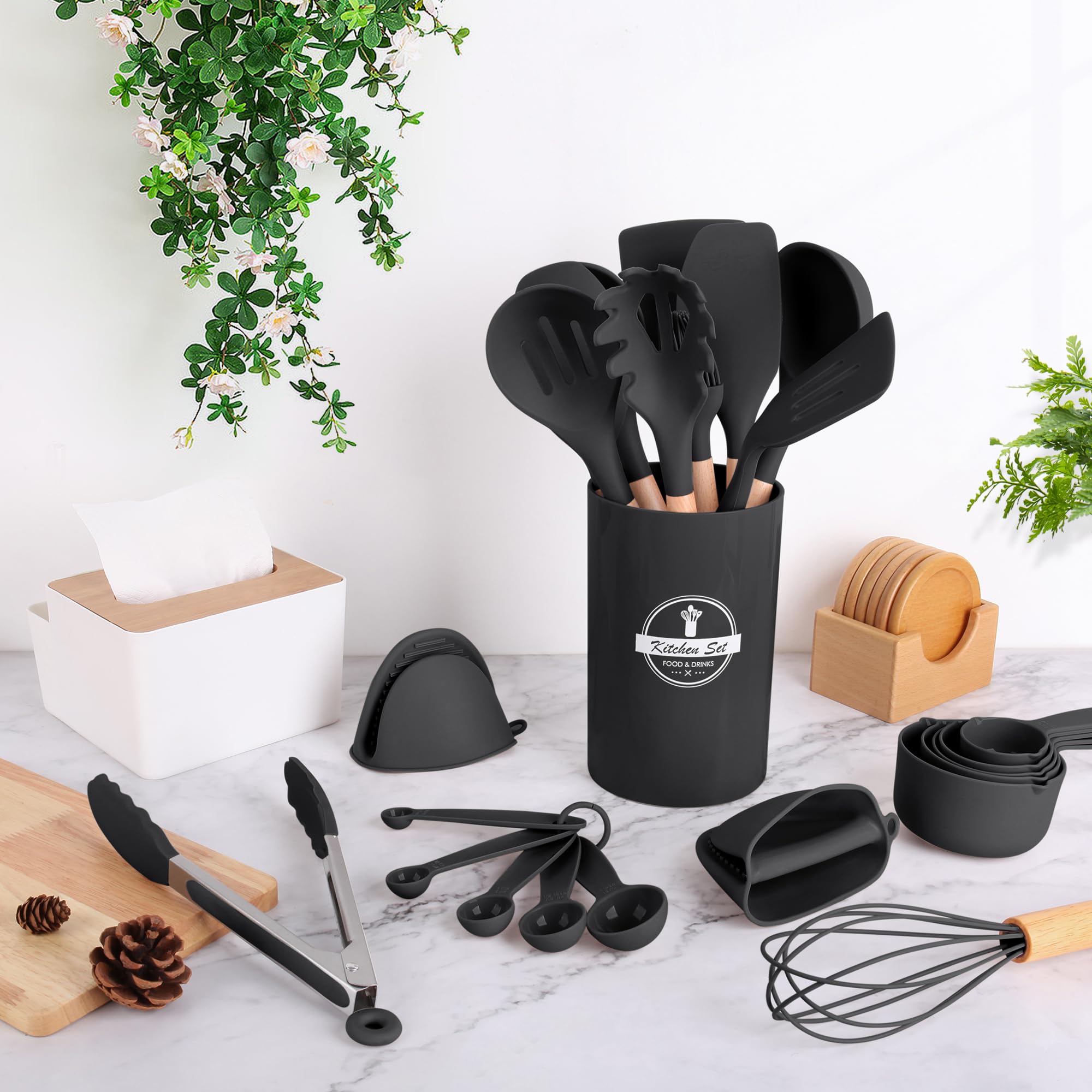 24-Piece Heat Resistant Silicone Kitchen Utensil Set with Wooden Handles (446°F Safe) - Non-Stick Cooking Tools with Storage Holder - Perfect for Baking, Frying & Everyday Cooking - Black Kitchen Gadgets & Accessories