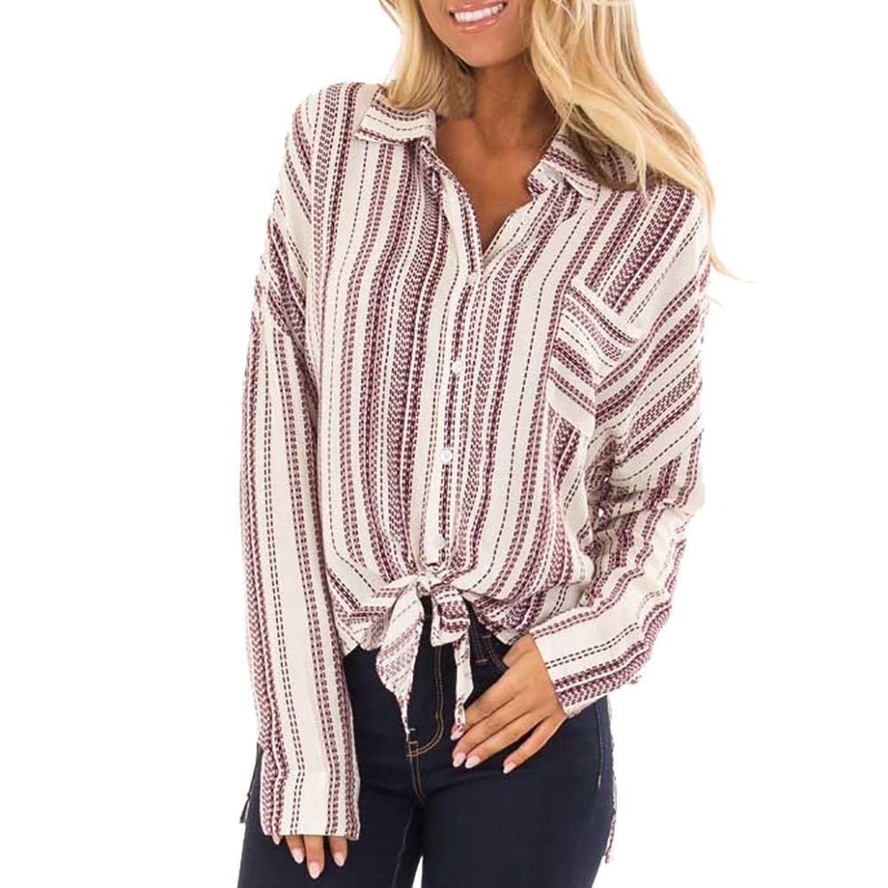Women's Tie Knot Henley Stripe Tunic Tops - Casual Long Sleeve Blouse Shirt for Work, Date Night & Everyday Wear